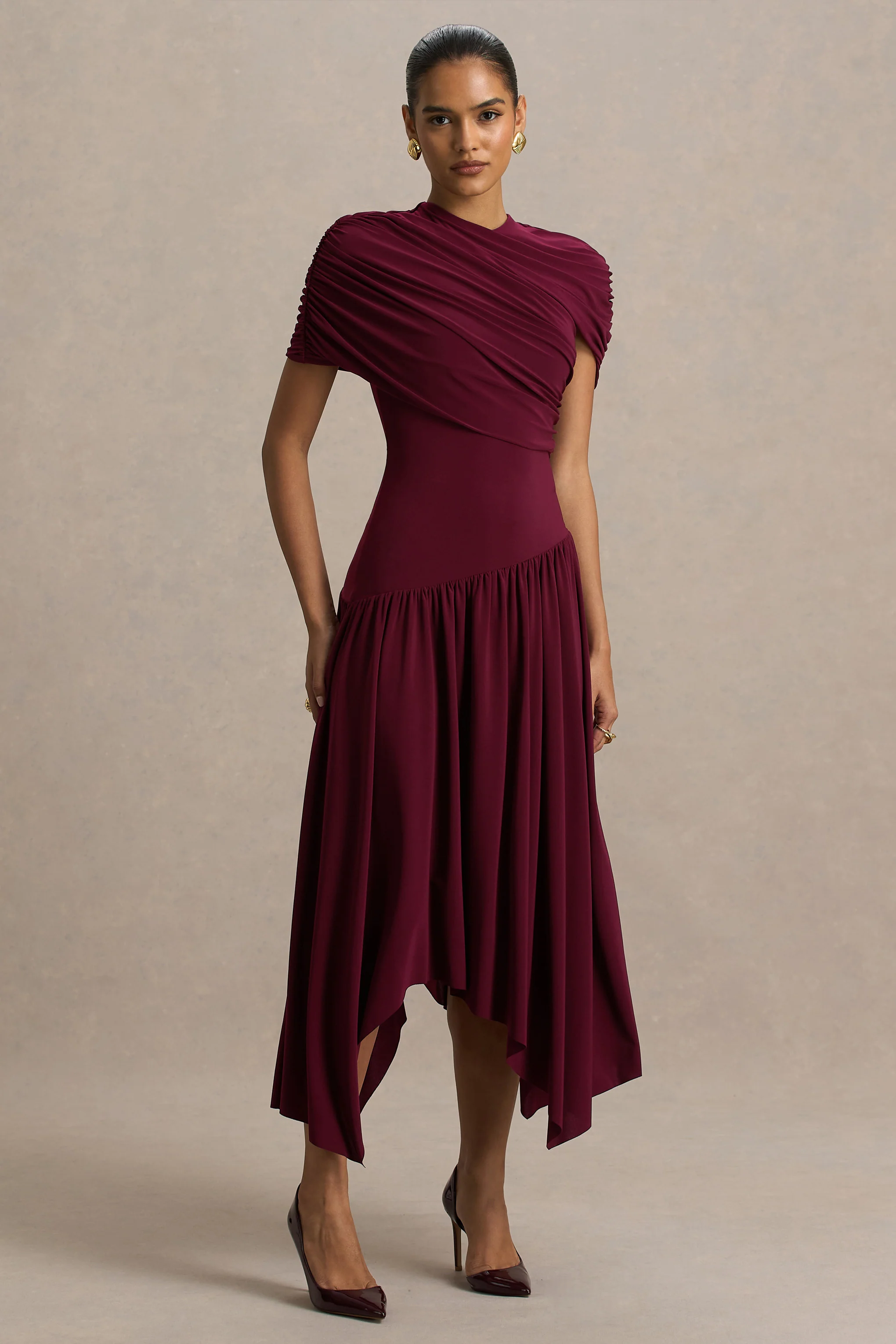 Ione | Burgundy Wrapped Midi Dress With Hanky Hem - Image 3