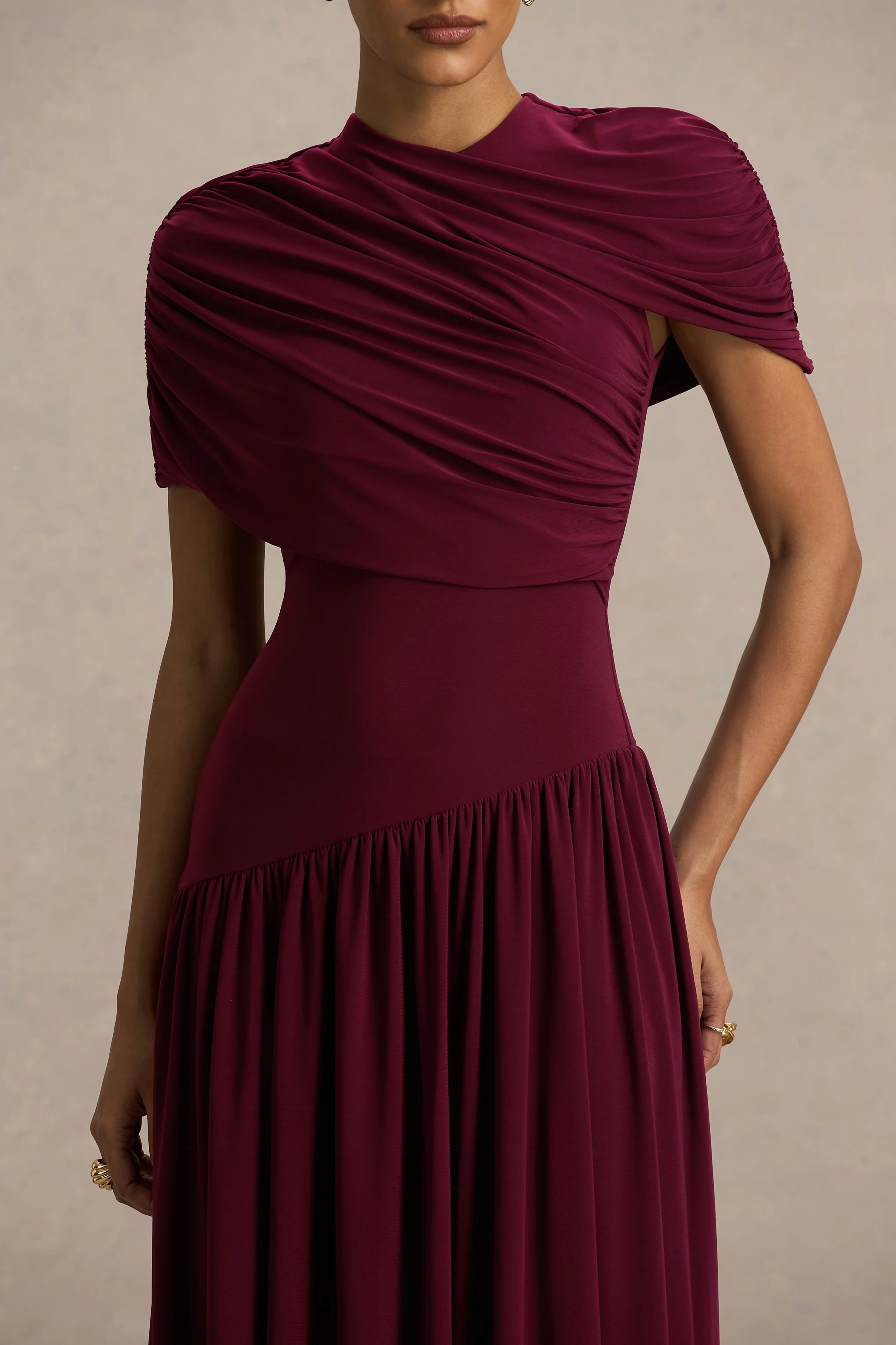 Ione | Burgundy Wrapped Midi Dress With Hanky Hem - Image 4
