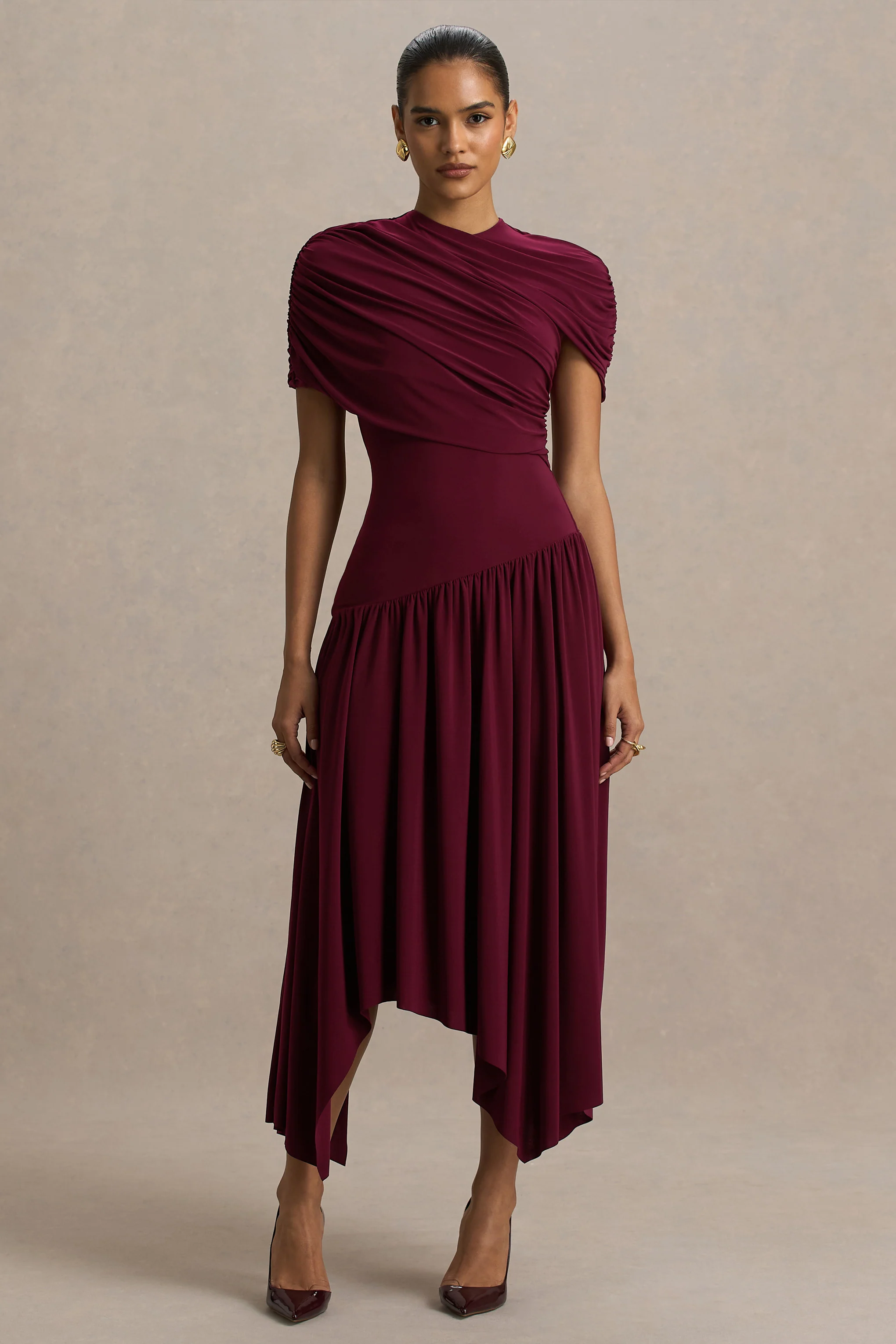 Ione | Burgundy Wrapped Midi Dress With Hanky Hem - Image 5