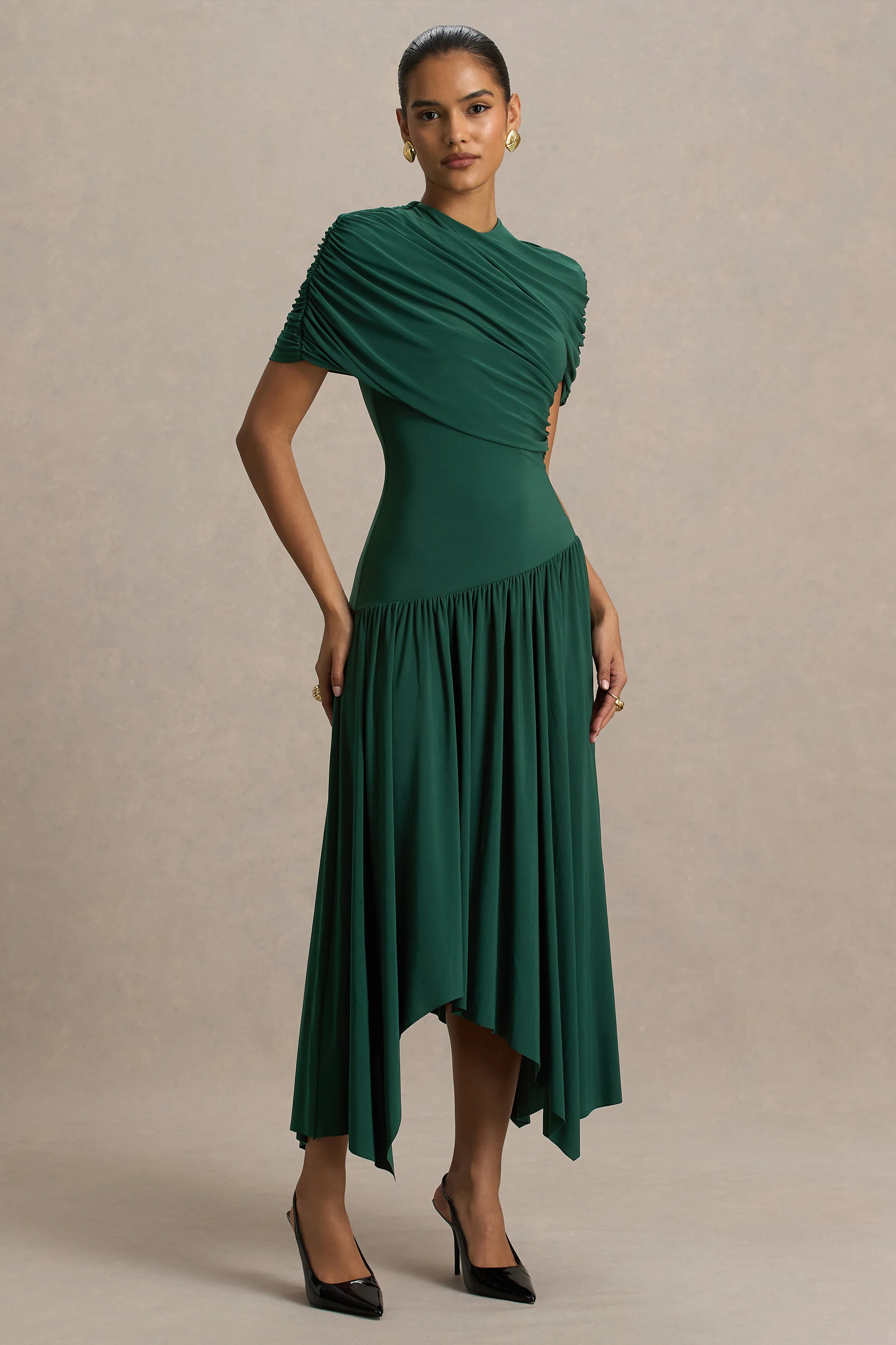 Ione | Teal Wrapped Midi Dress With Hanky Hem - Image 3