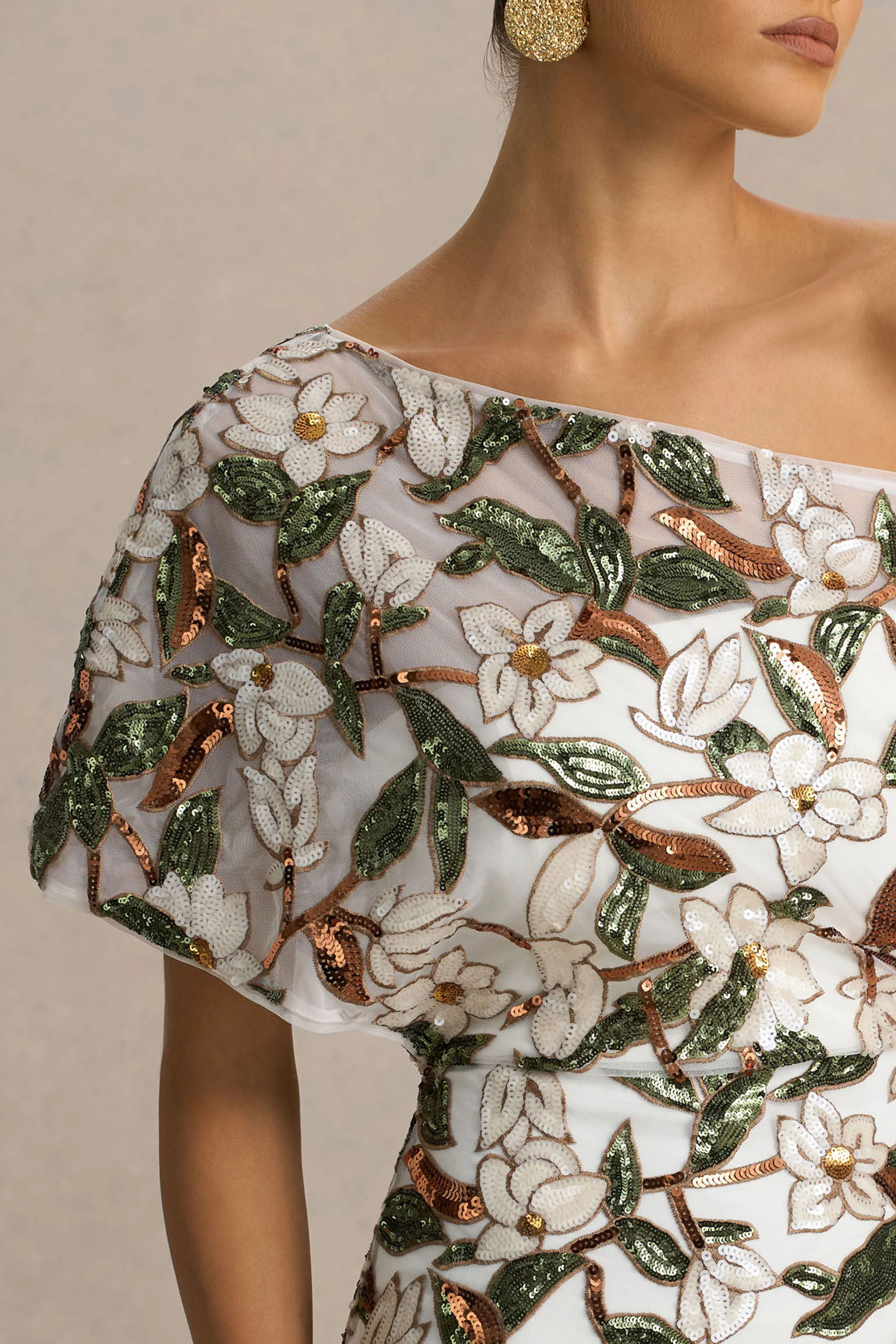 Iony | White And Green Embellished Sequin Floral And Mesh Asymmetric-Neck Maxi Dress - Image 2