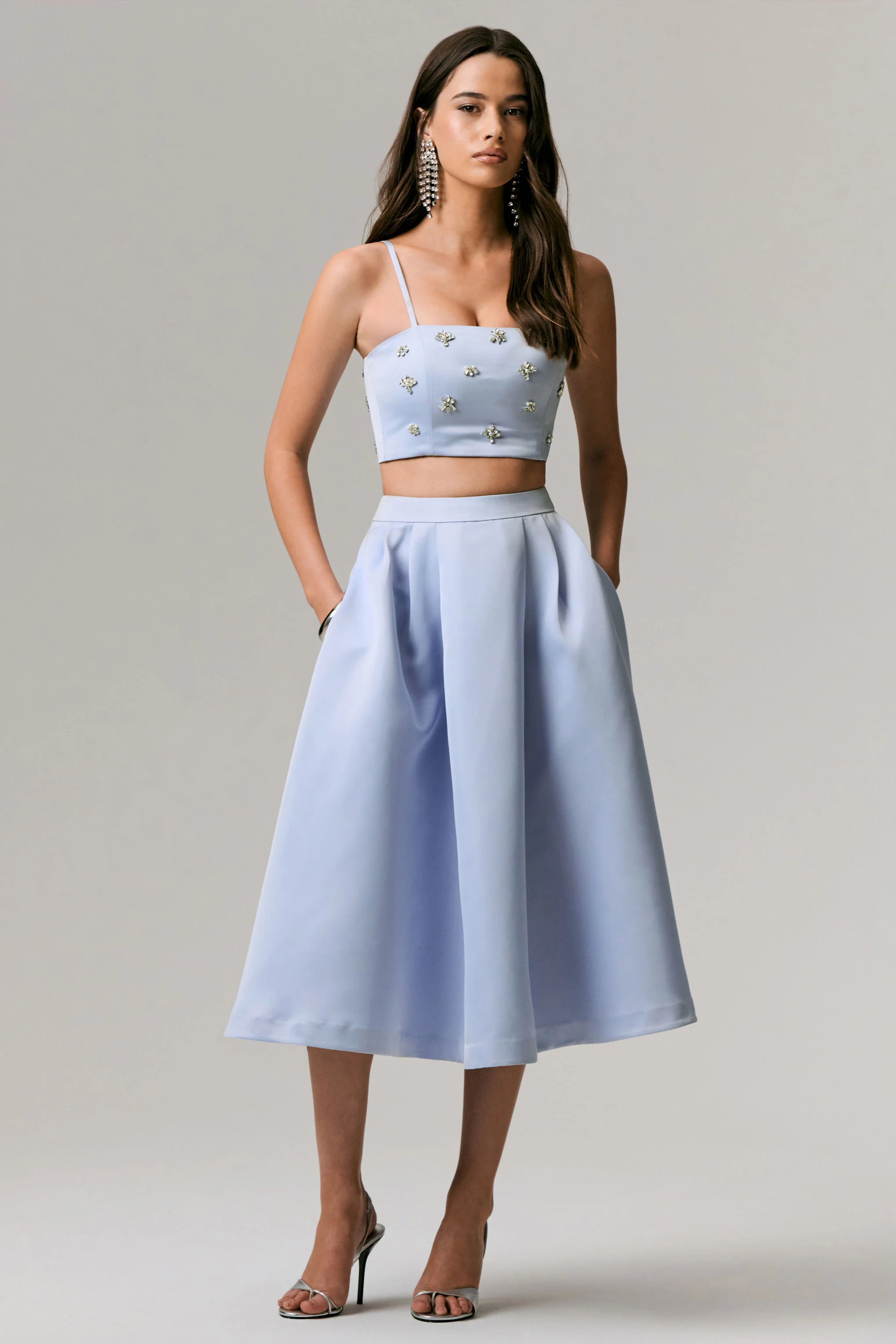 Iris | Blue Satin Pleated Midi Skirt - Image 2