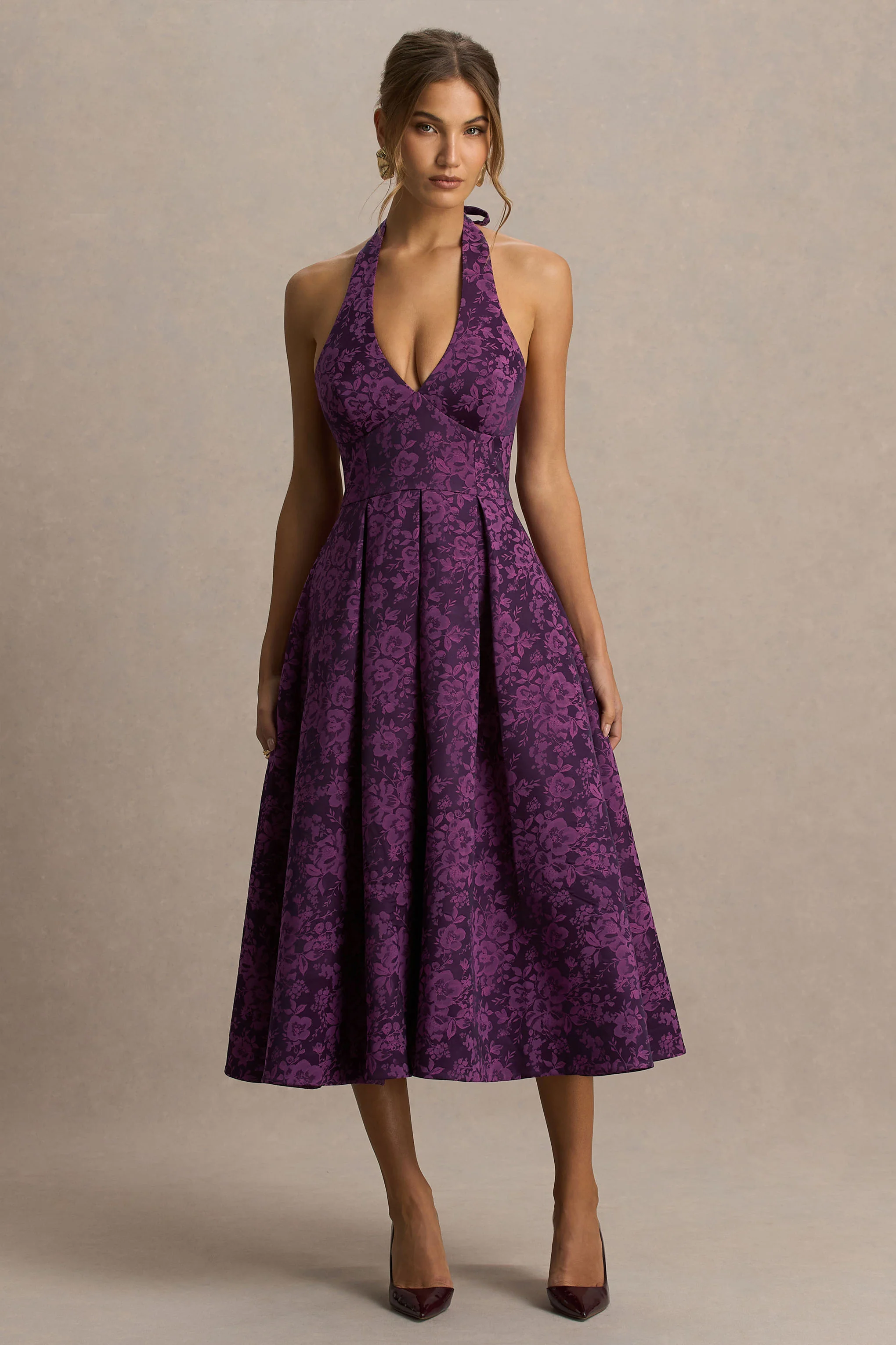 Isabeau | Purple Satin Plunge-Neck Midi Dress - Image 4