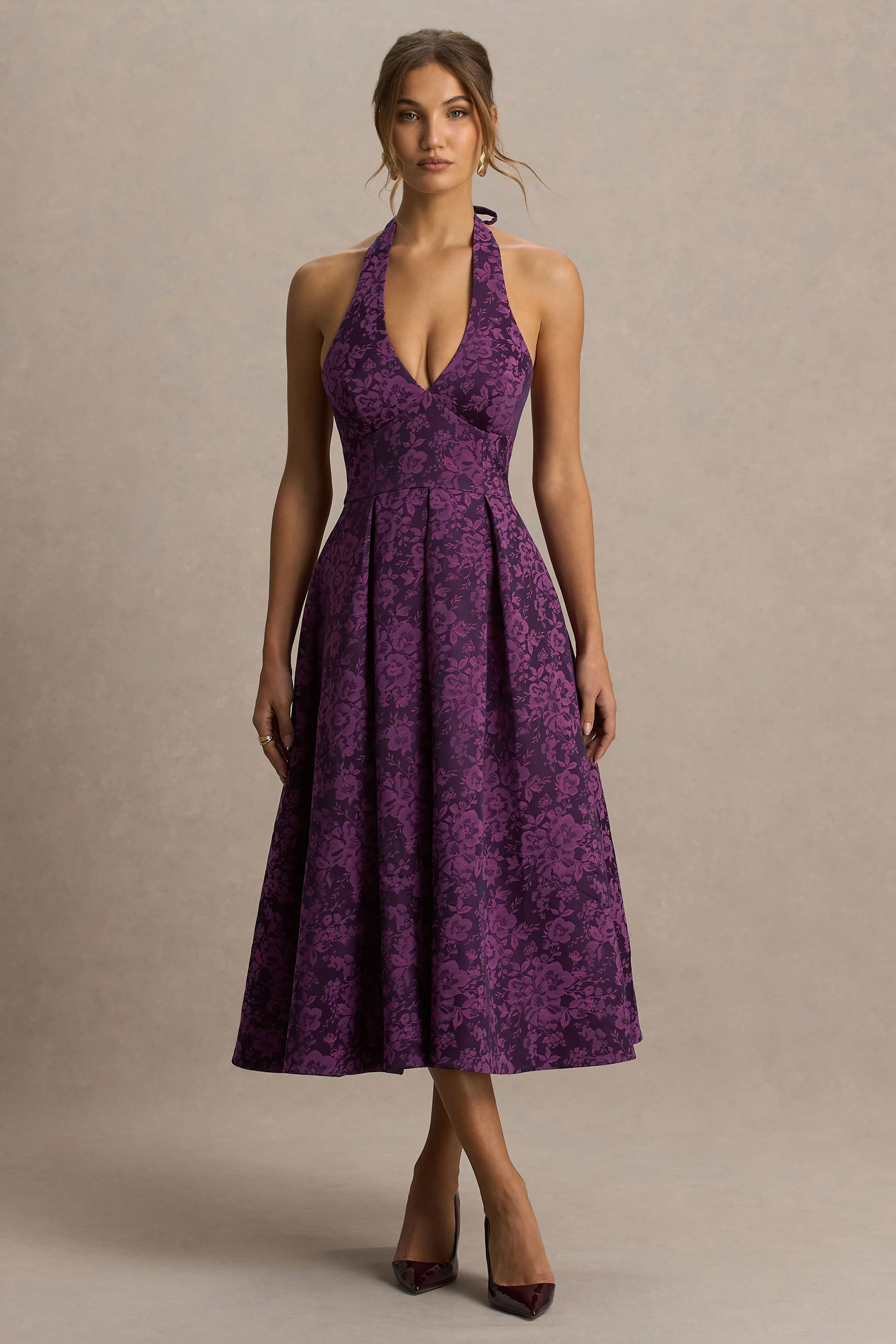 Isabeau | Purple Satin Plunge-Neck Midi Dress - Image 5