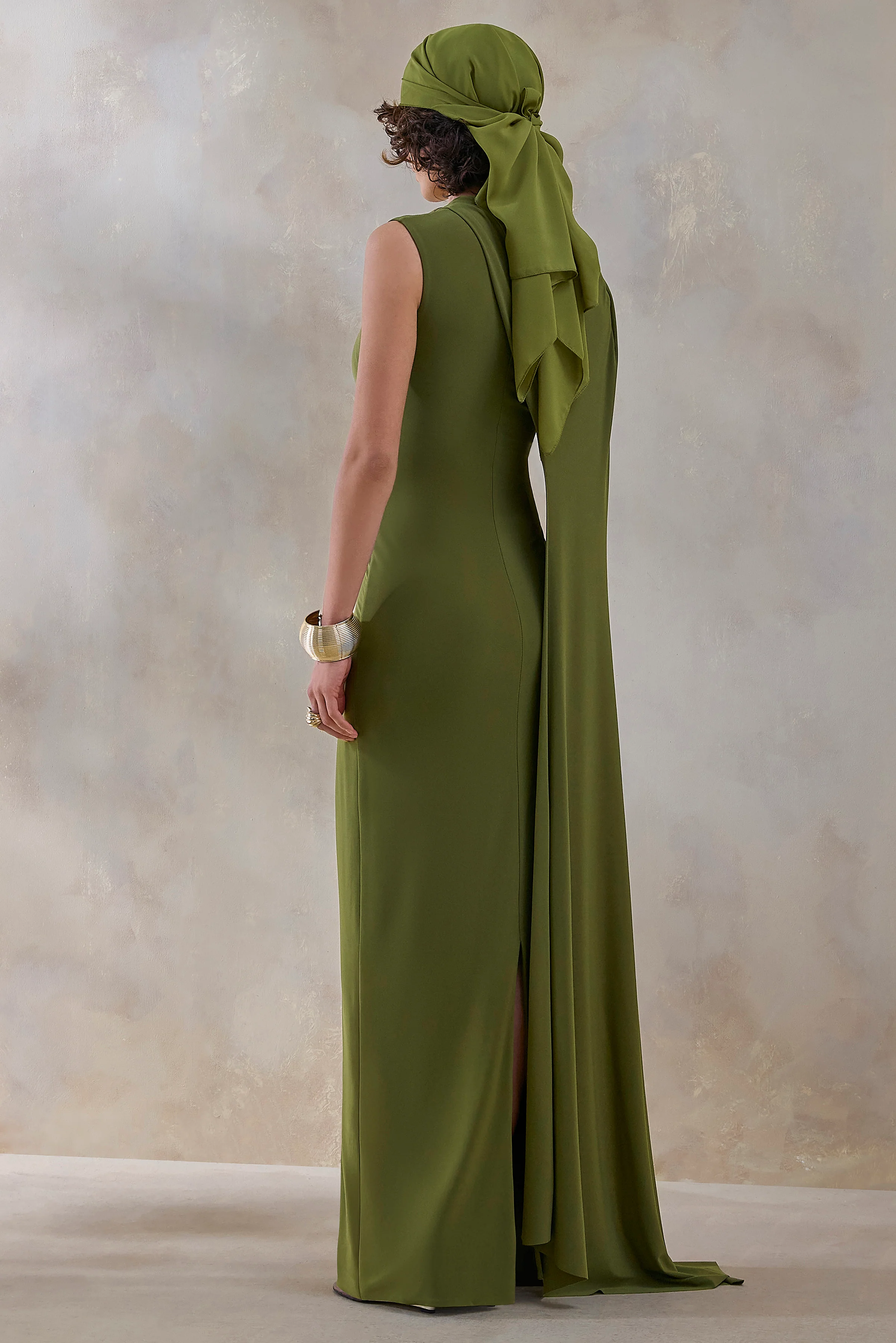 Isdelia | Green Asymmetric-Neck Maxi Dress With Cape-Sleeve - Image 2