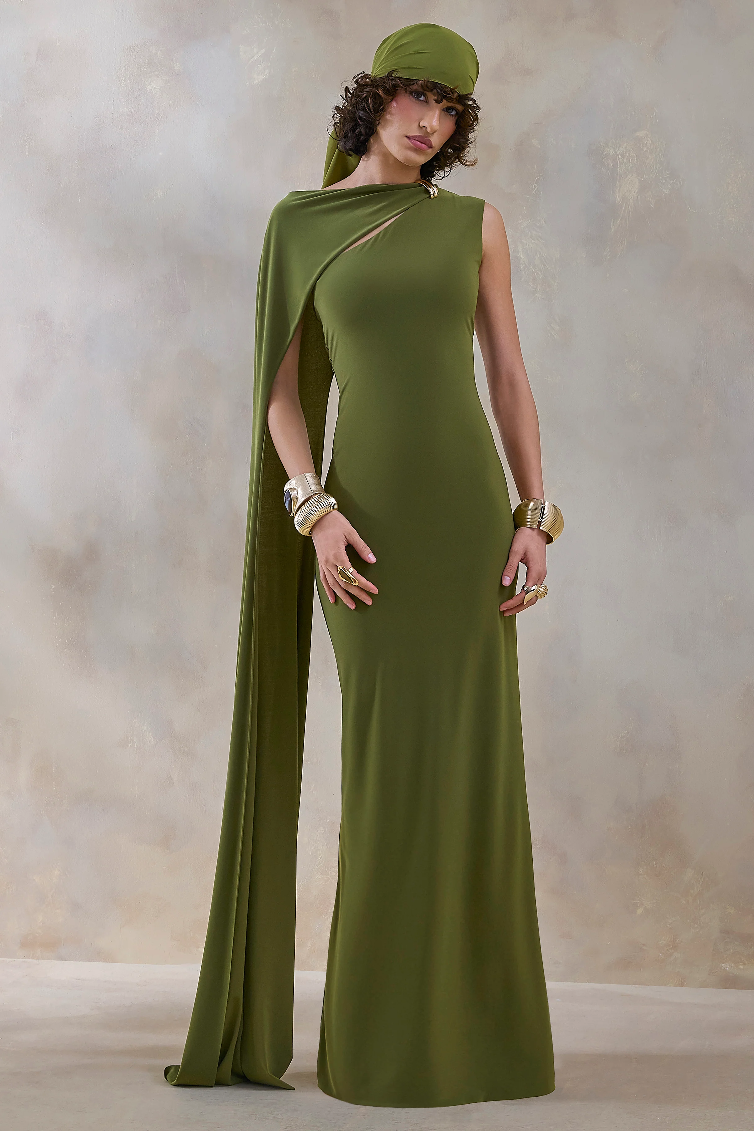 Isdelia | Green Asymmetric-Neck Maxi Dress With Cape-Sleeve - Image 5