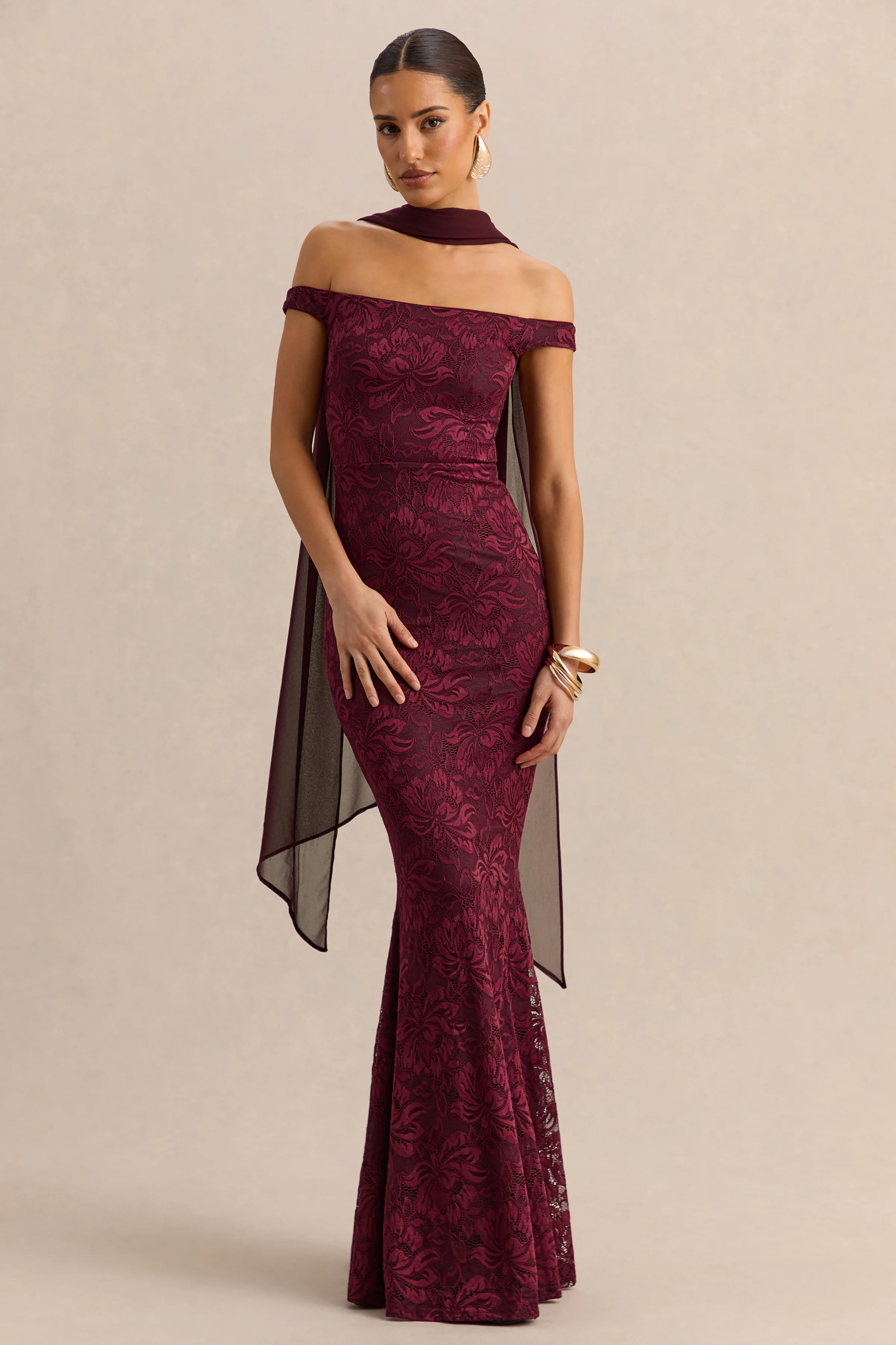 Iselle | Burgundy Lace Bardot-Neck Maxi Dress With Scarf-Detail - Image 4