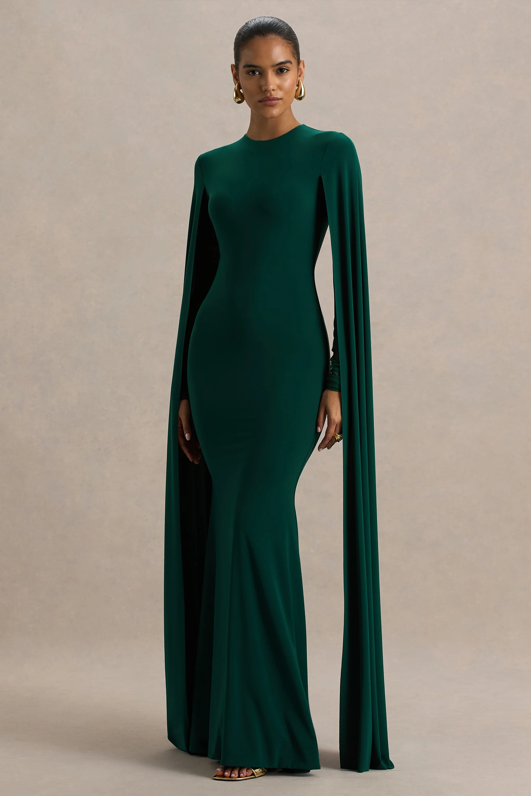 Isla | Bottle Green Crew-Neck Maxi Dress With Cape Sleeve - Image 3