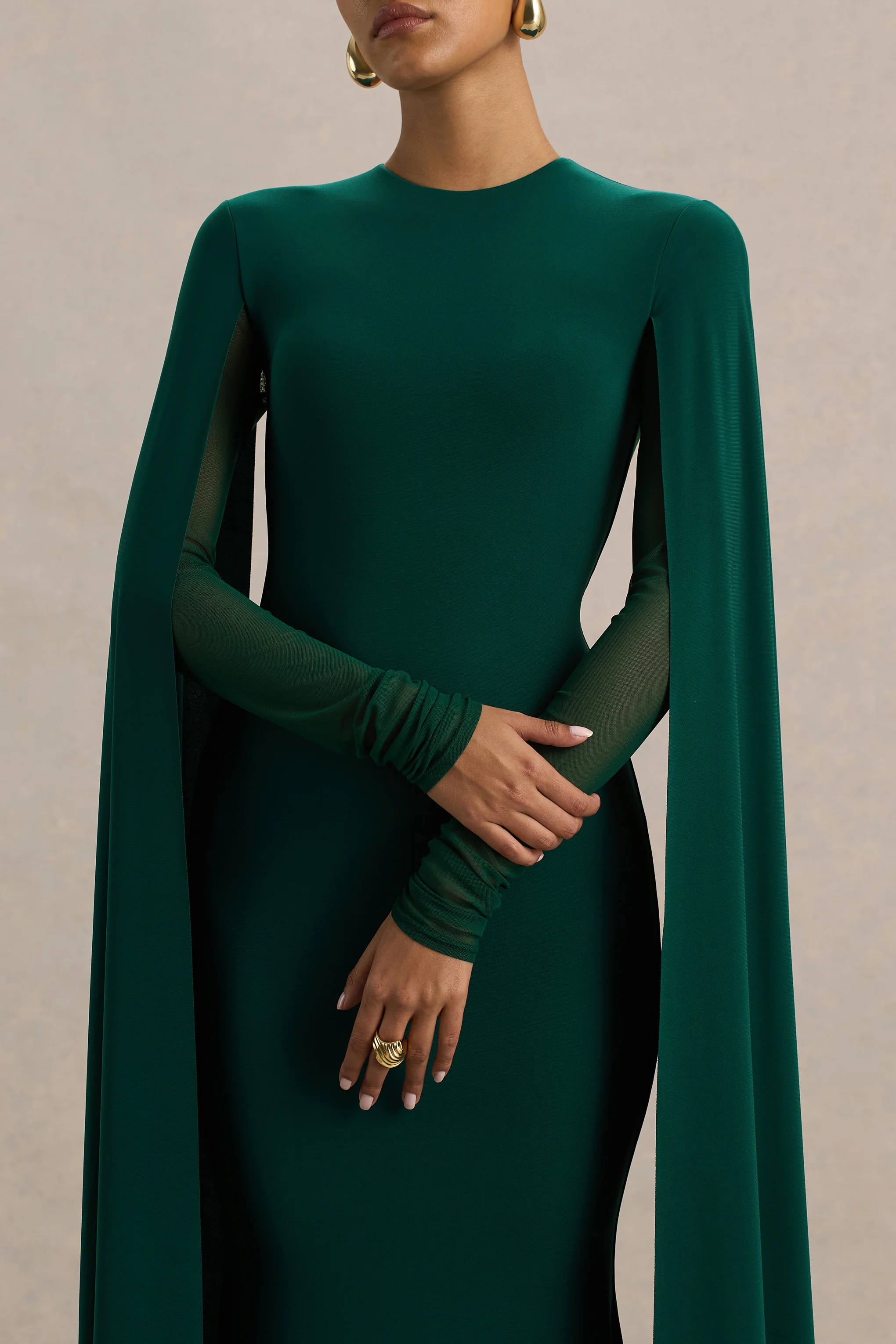 Isla | Bottle Green Crew-Neck Maxi Dress With Cape Sleeve - Image 4