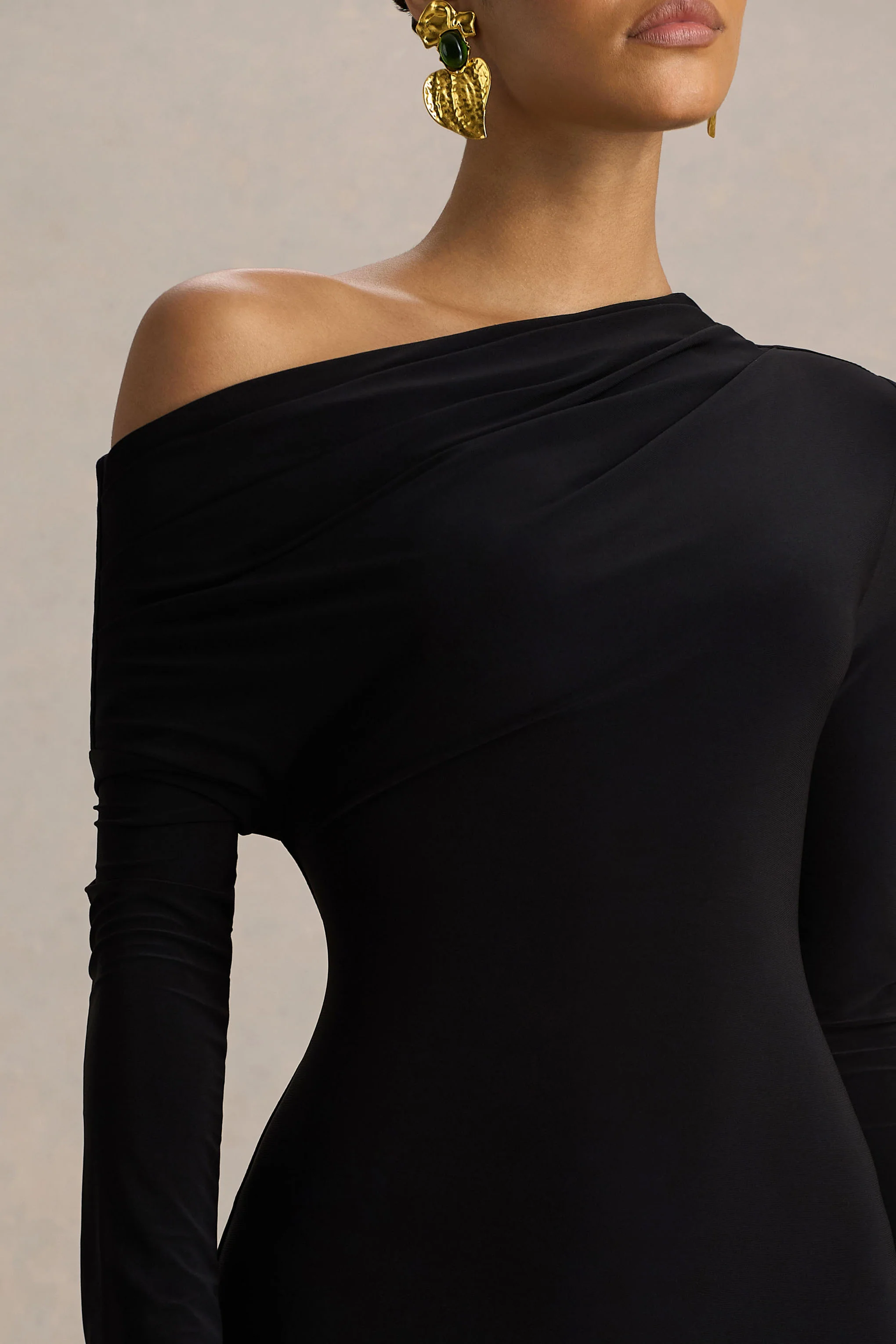 Isola | Black Asymmetric-Neck Midi Dress With Hanky-Hem - Image 3