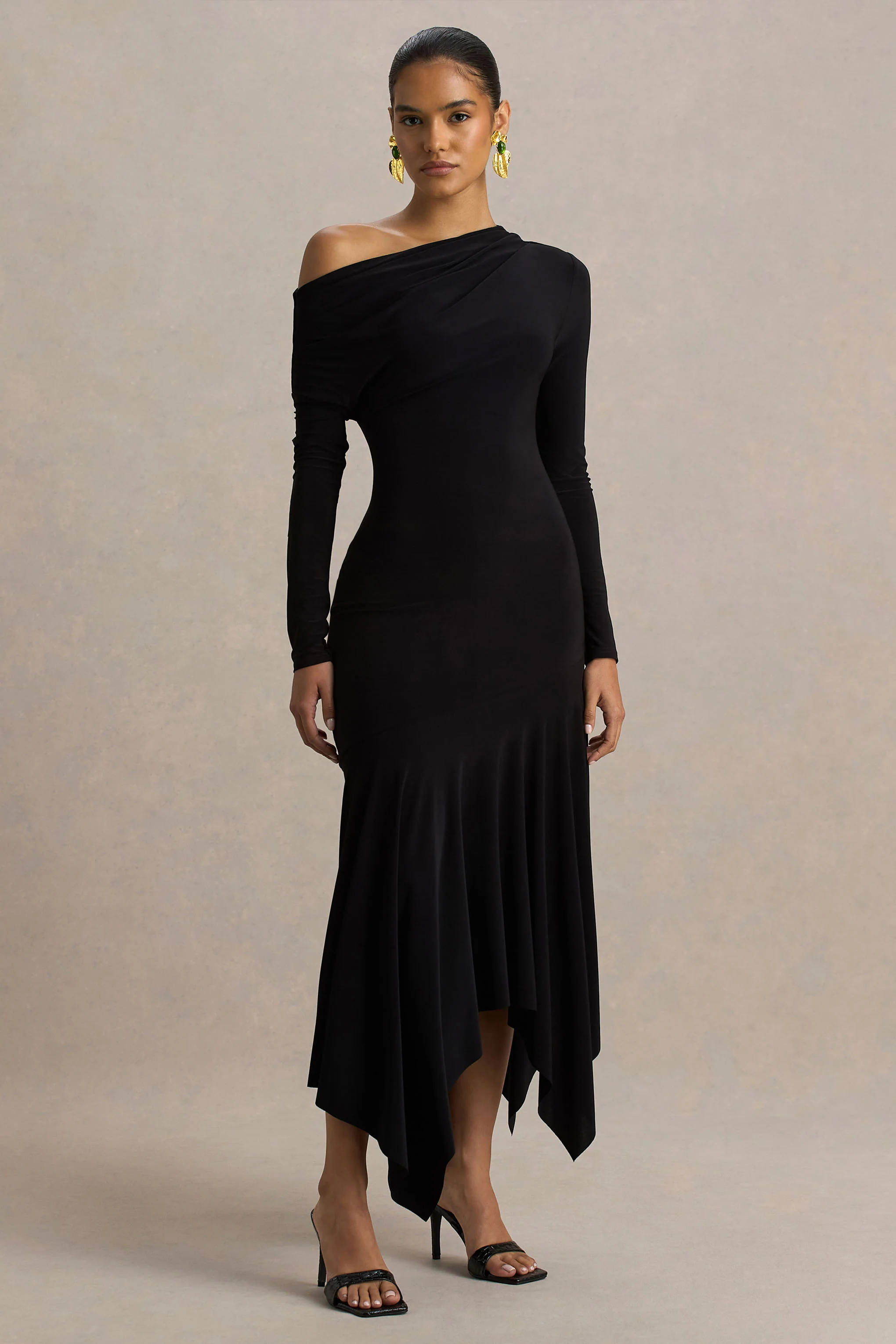 Isola | Black Asymmetric-Neck Midi Dress With Hanky-Hem - Image 4