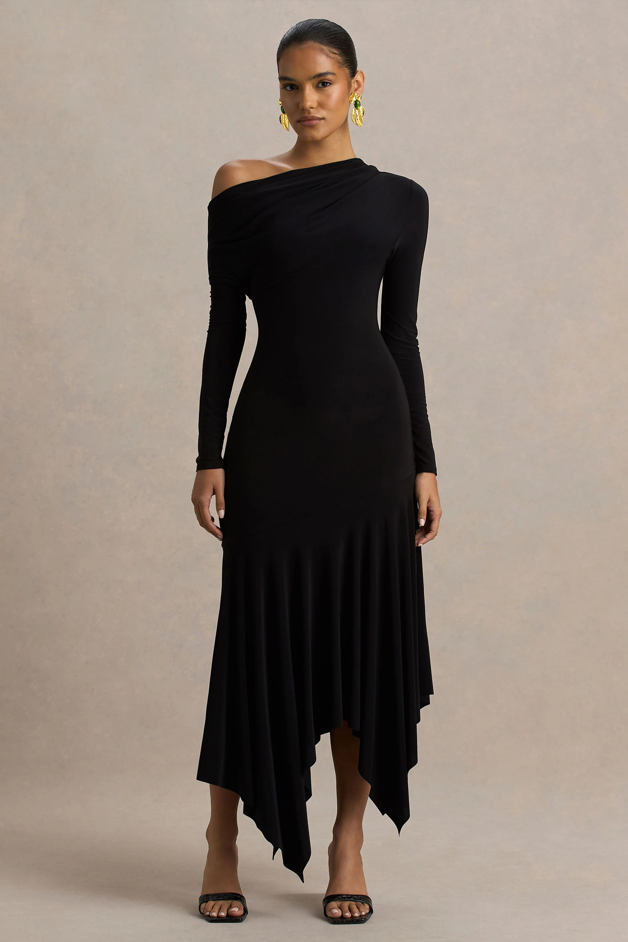 Isola | Black Asymmetric-Neck Midi Dress With Hanky-Hem - Image 5