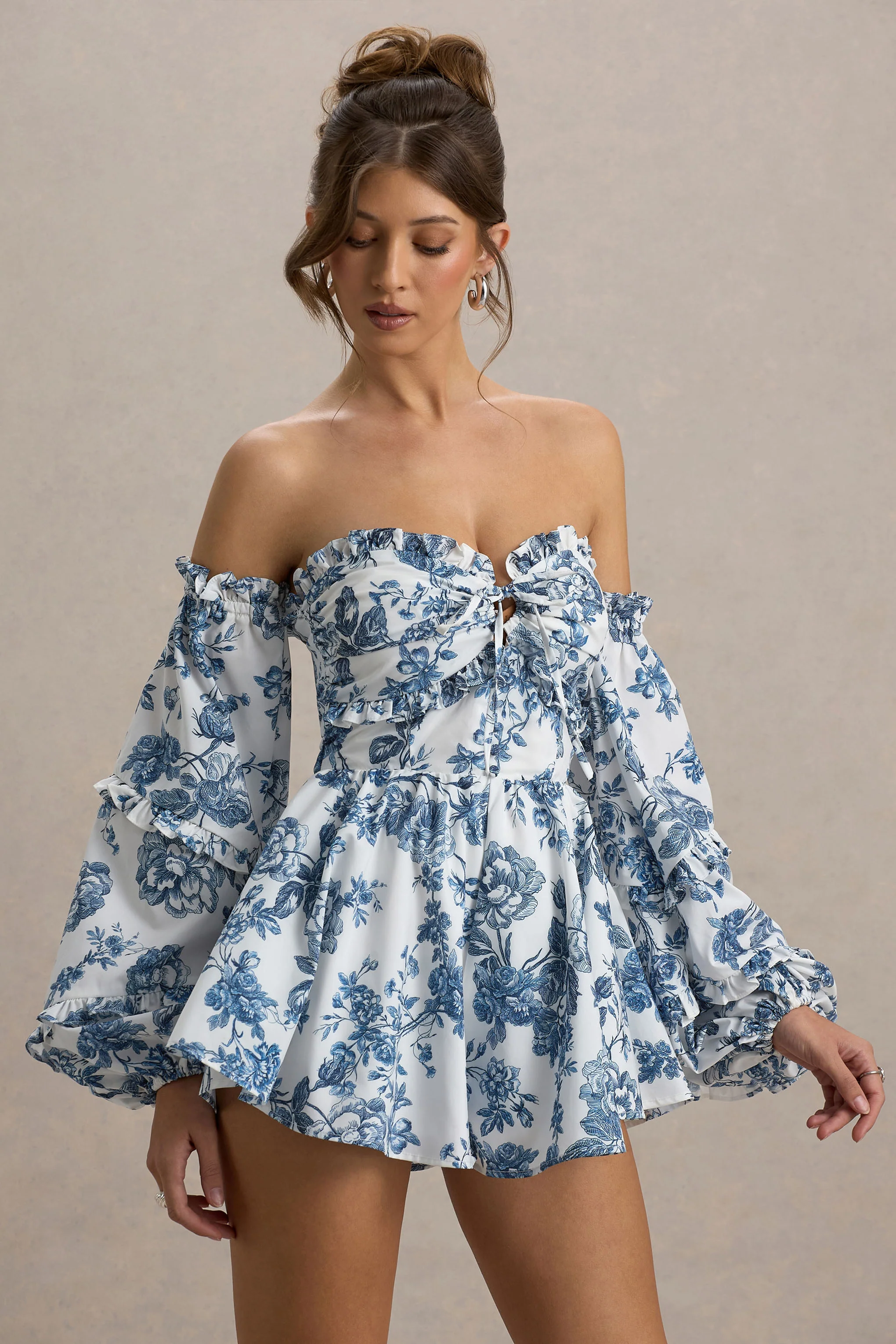 Ithaca | Blue Porcelain Print Bardot Ruffled Playsuit - Image 5