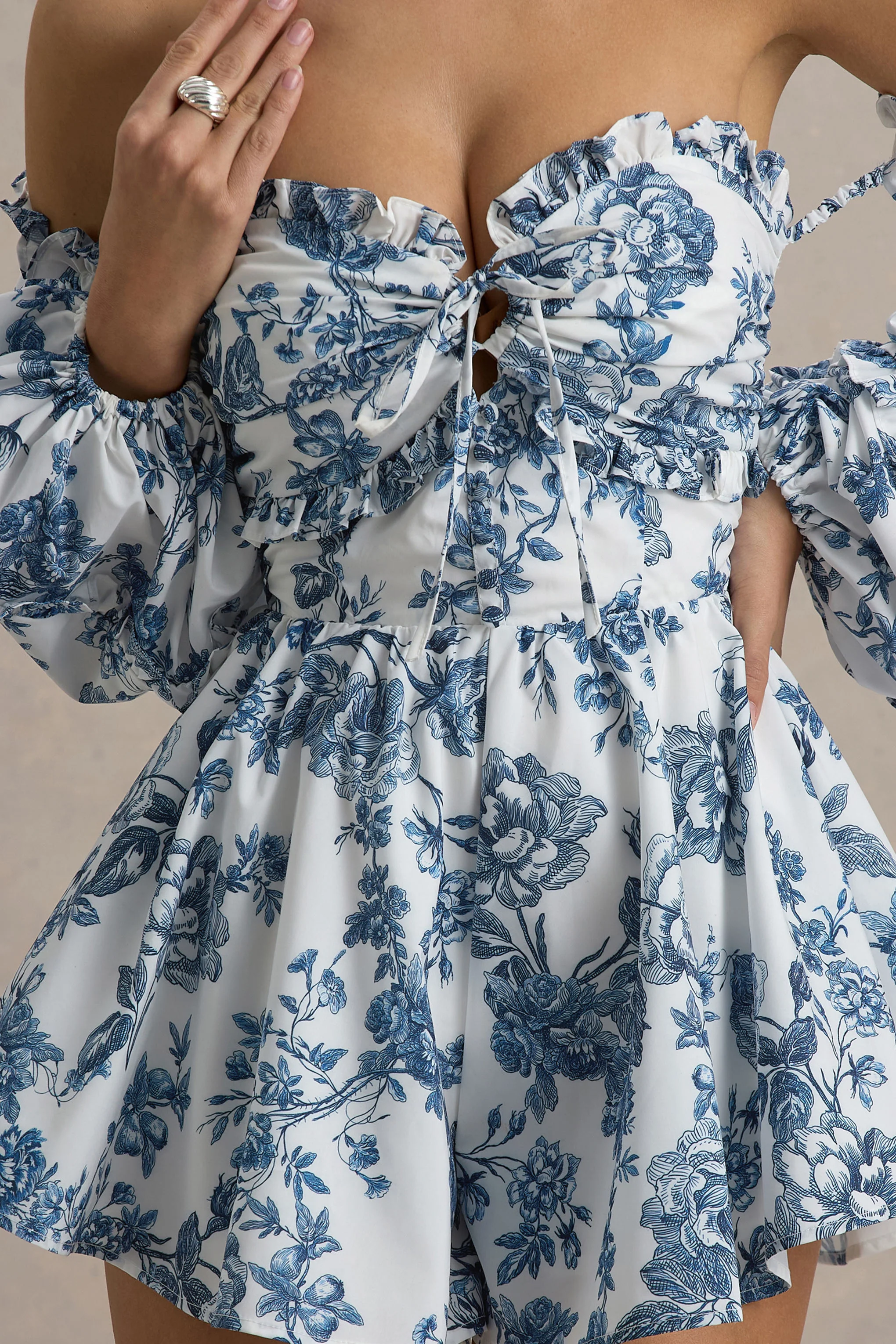 Ithaca | Blue Porcelain Print Bardot Ruffled Playsuit - Image 6