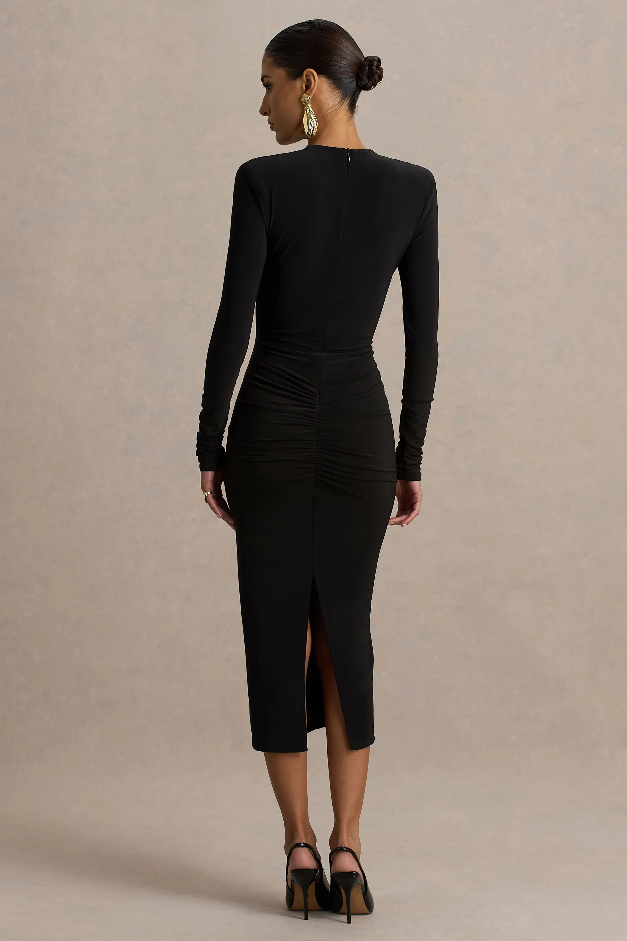 Ivara | Black Plunge-Neck Midi Dress With Ruched Detailing And Sash - Image 2
