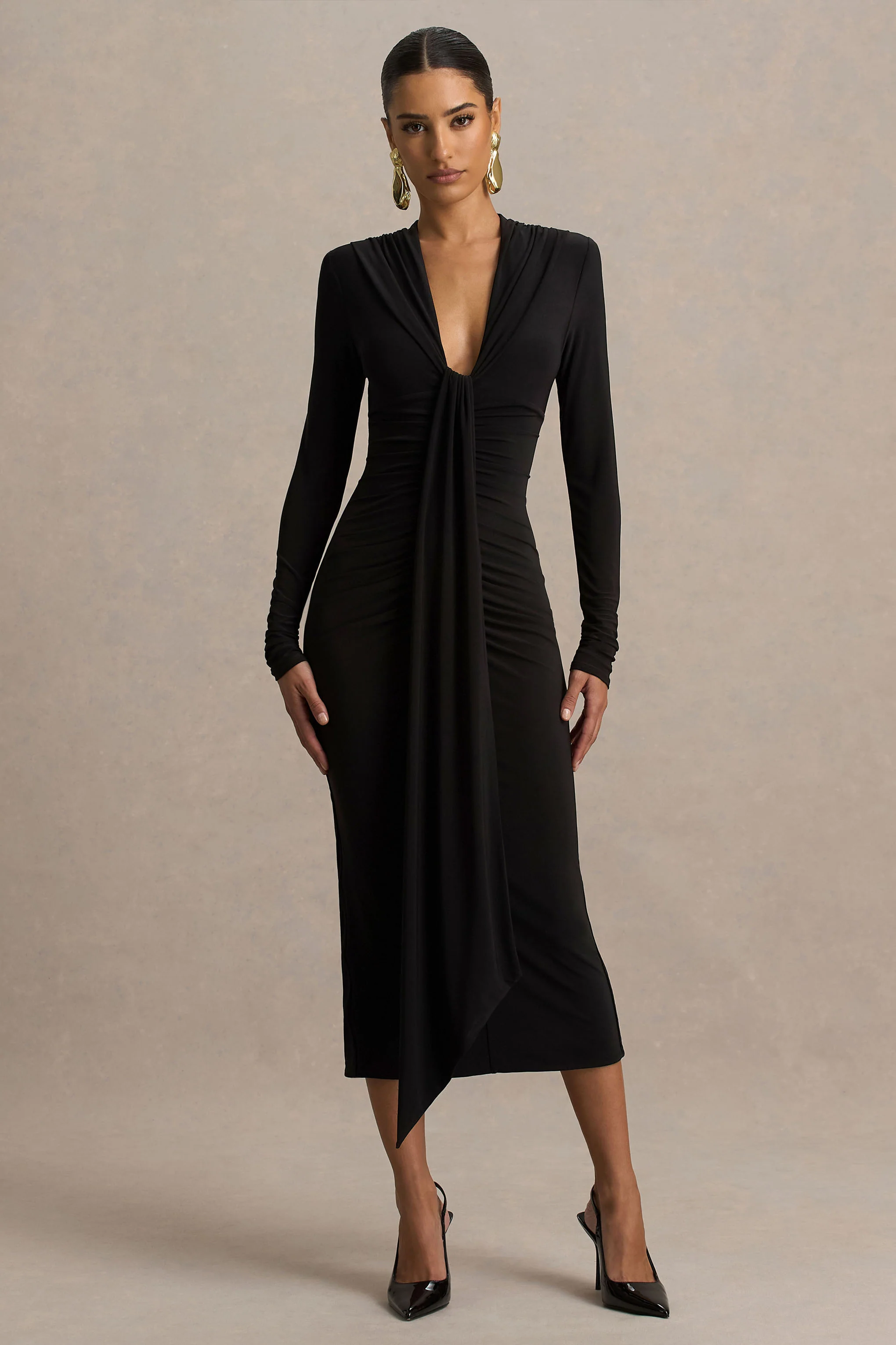 Ivara | Black Plunge-Neck Midi Dress With Ruched Detailing And Sash - Image 4