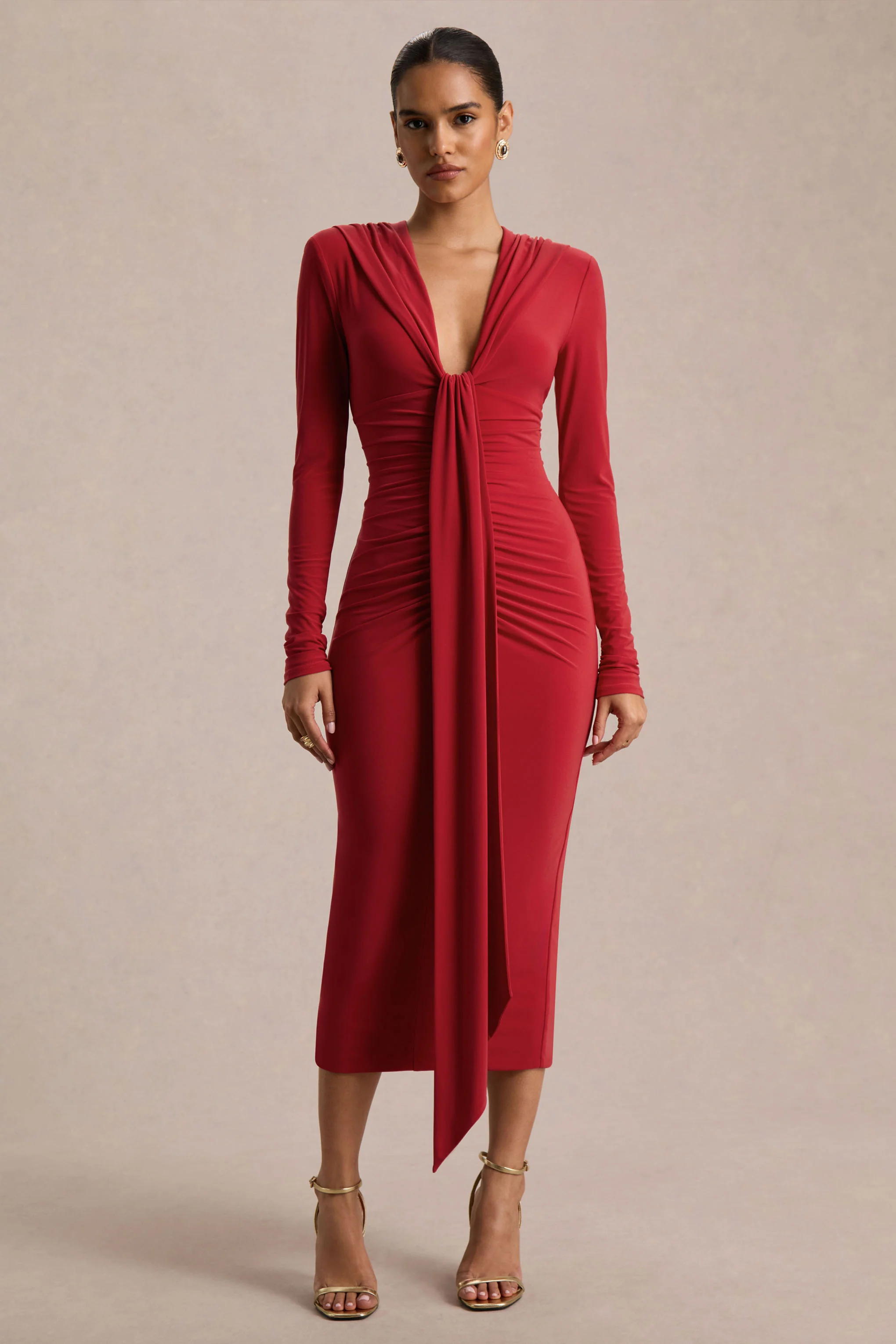 Ivara | Red Plunge-Neck Maxi Dress With Ruched Detailing And Sash - Image 5