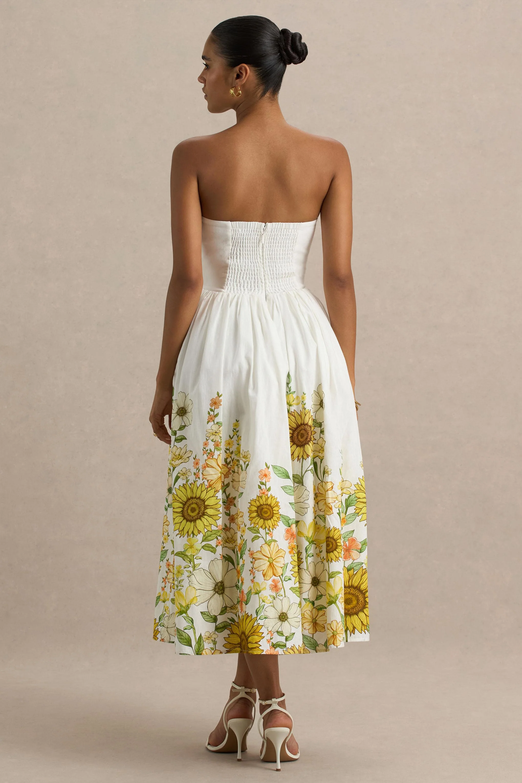 Ivory | Sunflower Print Bandeau High-Low Midi Dress - Image 2