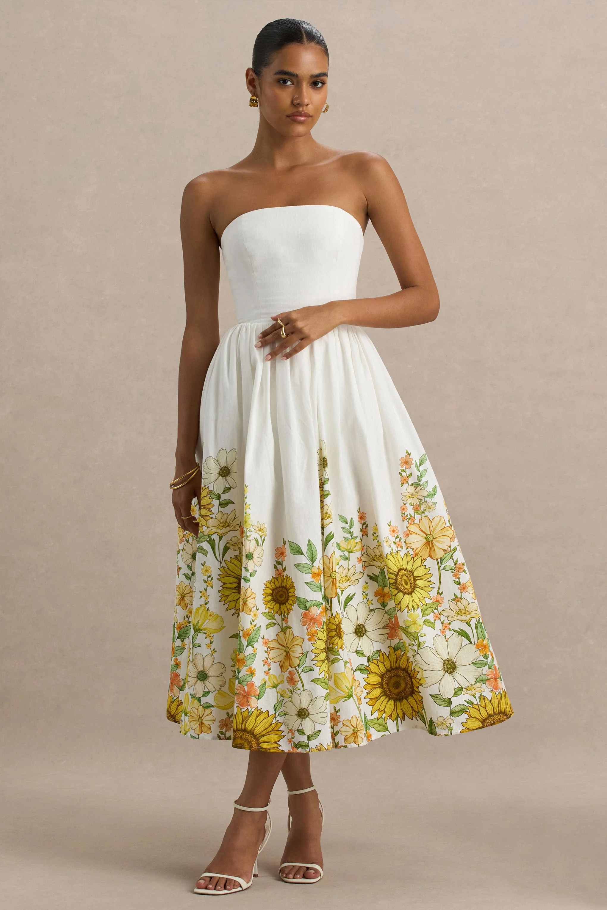 Ivory | Sunflower Print Bandeau High-Low Midi Dress - Image 3