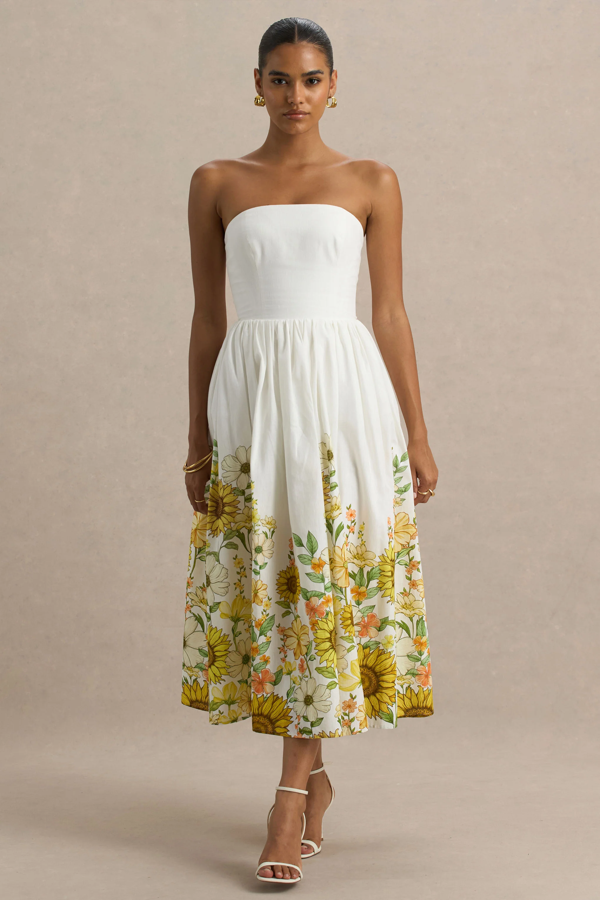 Ivory | Sunflower Print Bandeau High-Low Midi Dress - Image 4