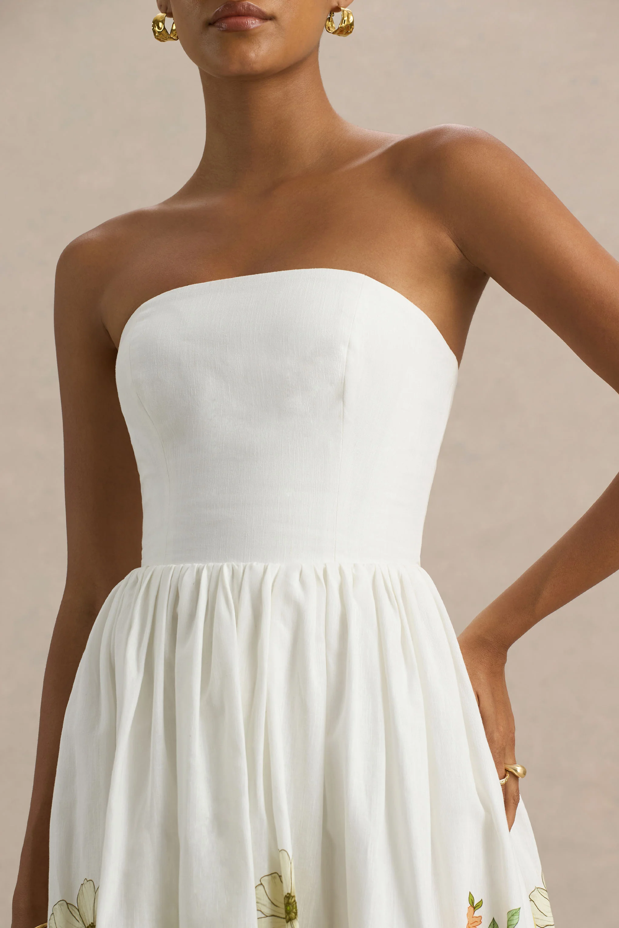 Ivory | Sunflower Print Bandeau High-Low Midi Dress - Image 5