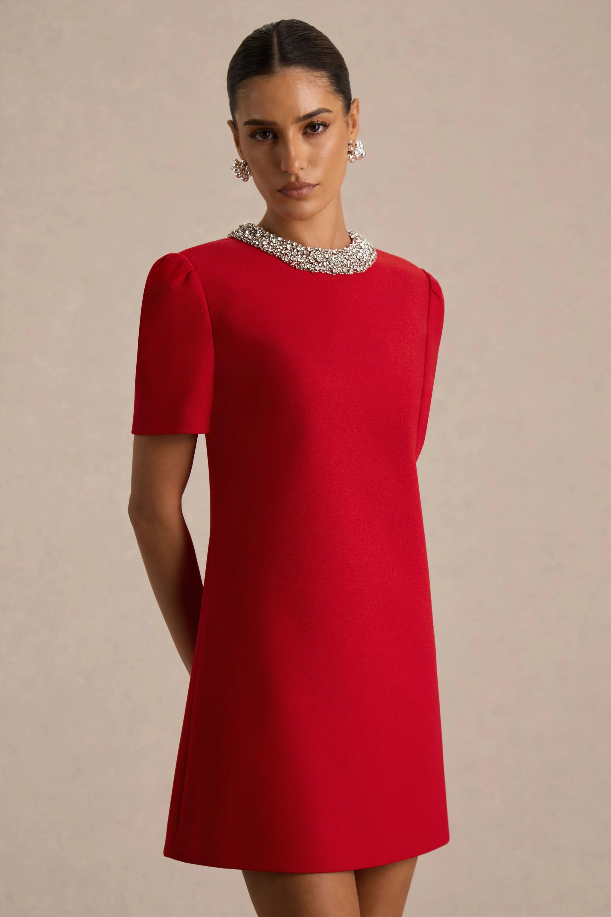 Jackie | Red Embellished High-Neck Mini Dress - Image 4