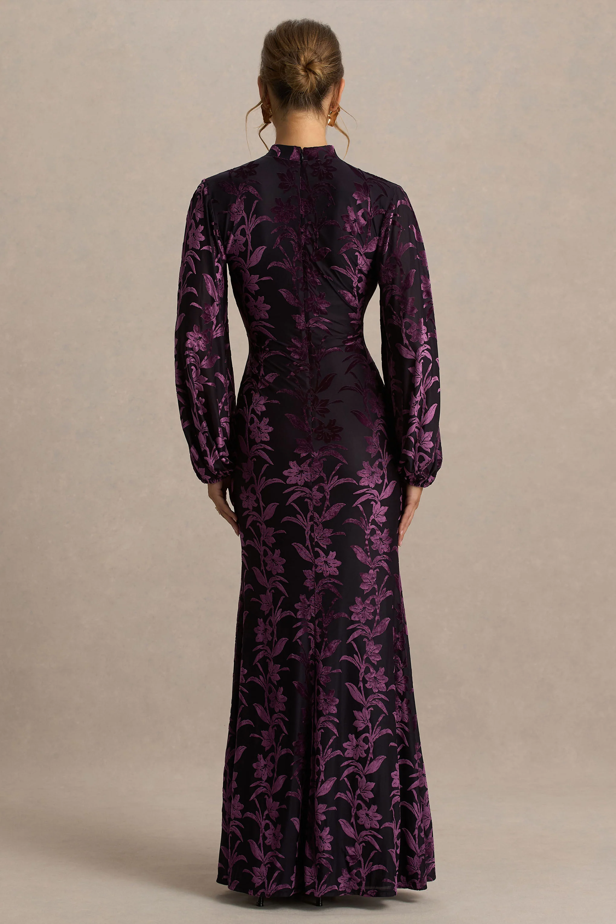 Janet | Black And Purple Devore High-Neck Maxi Dress With Cut-Out Details - Image 2