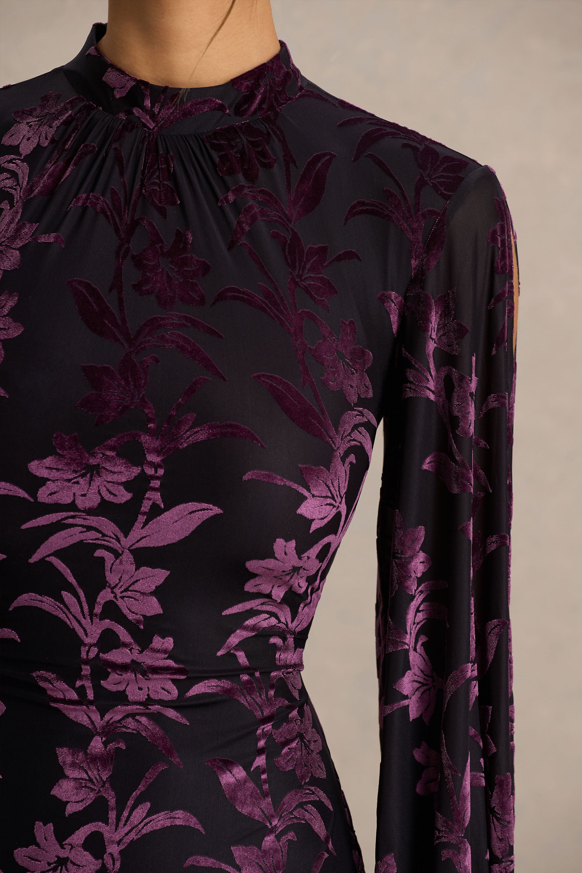 Janet | Black And Purple Devore High-Neck Maxi Dress With Cut-Out Details - Image 3