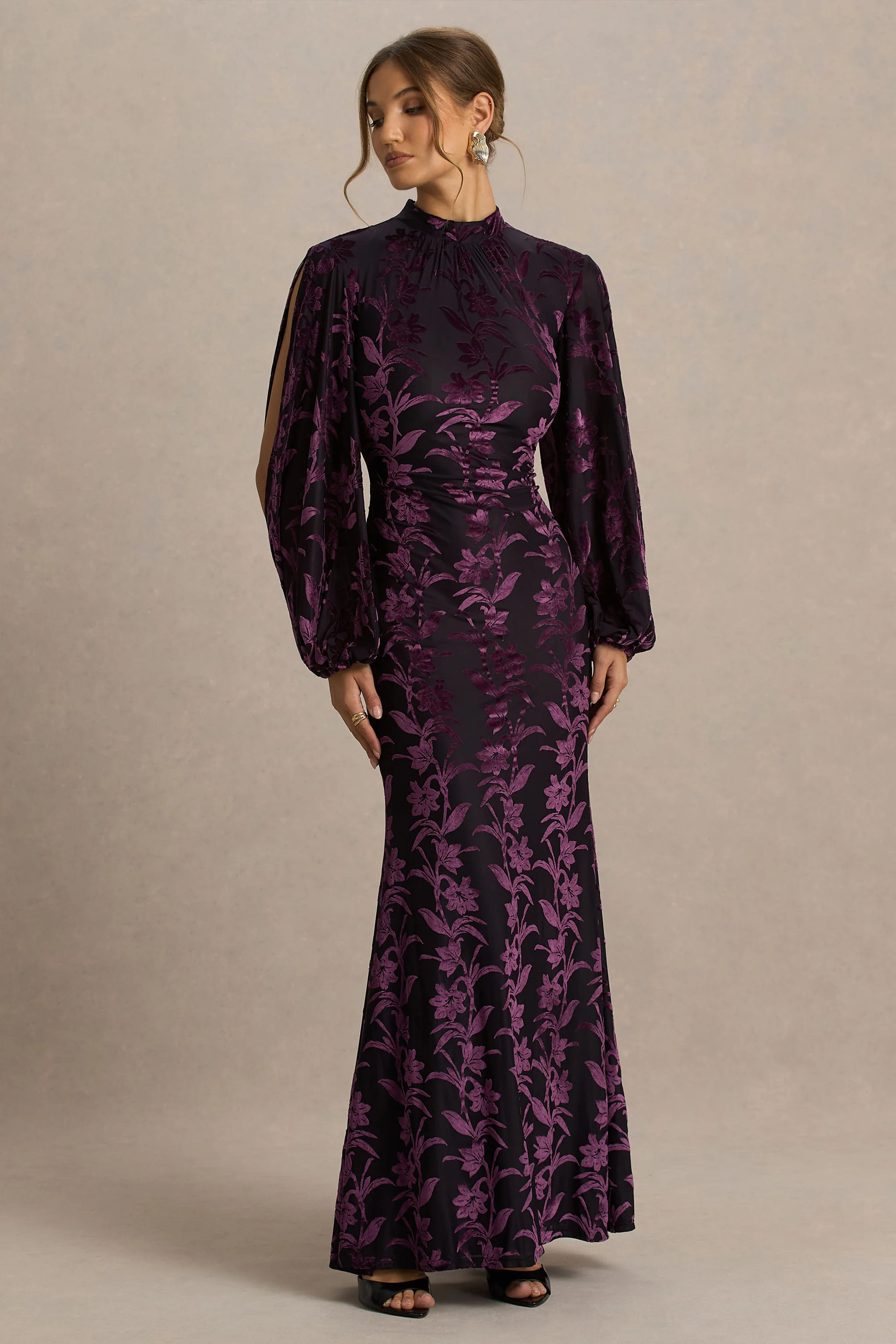 Janet | Black And Purple Devore High-Neck Maxi Dress With Cut-Out Details - Image 4