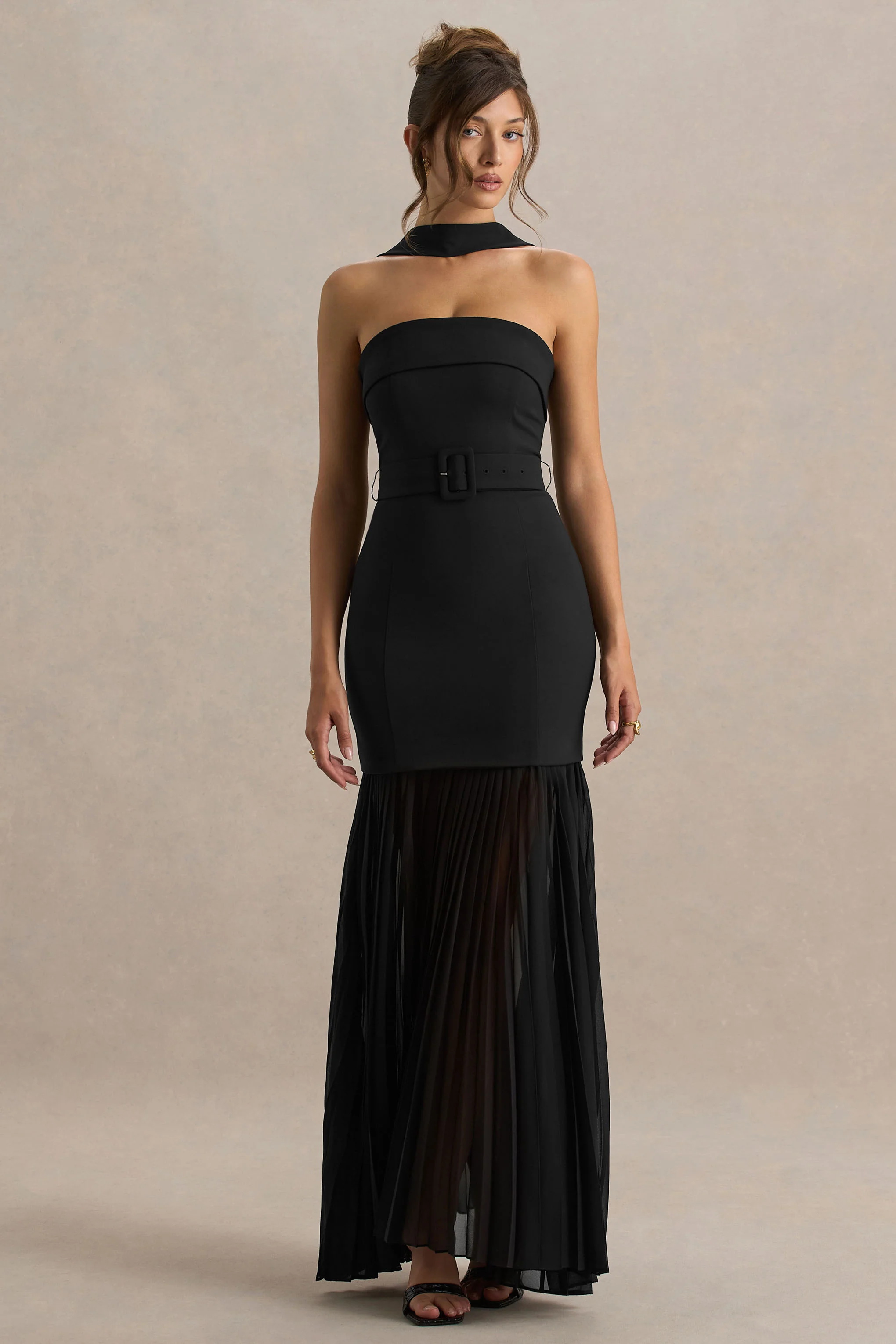 Jaquetta | Black Belted Maxi Dress With Pleated Chiffon Skirt - Image 4