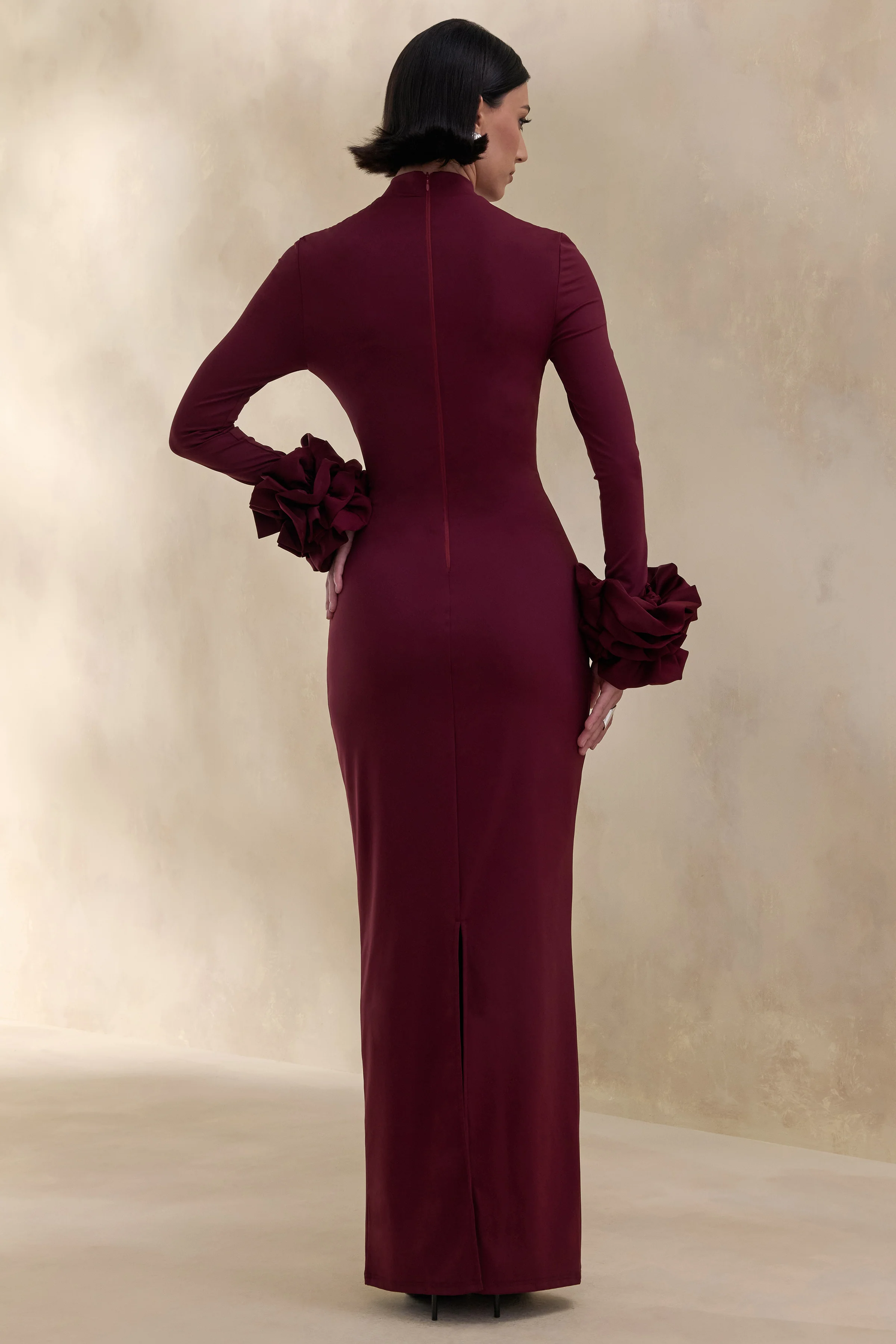Jaselle | Dark Plum High-Neck Maxi Dress With Ruffled Satin-Cuffs - Image 2