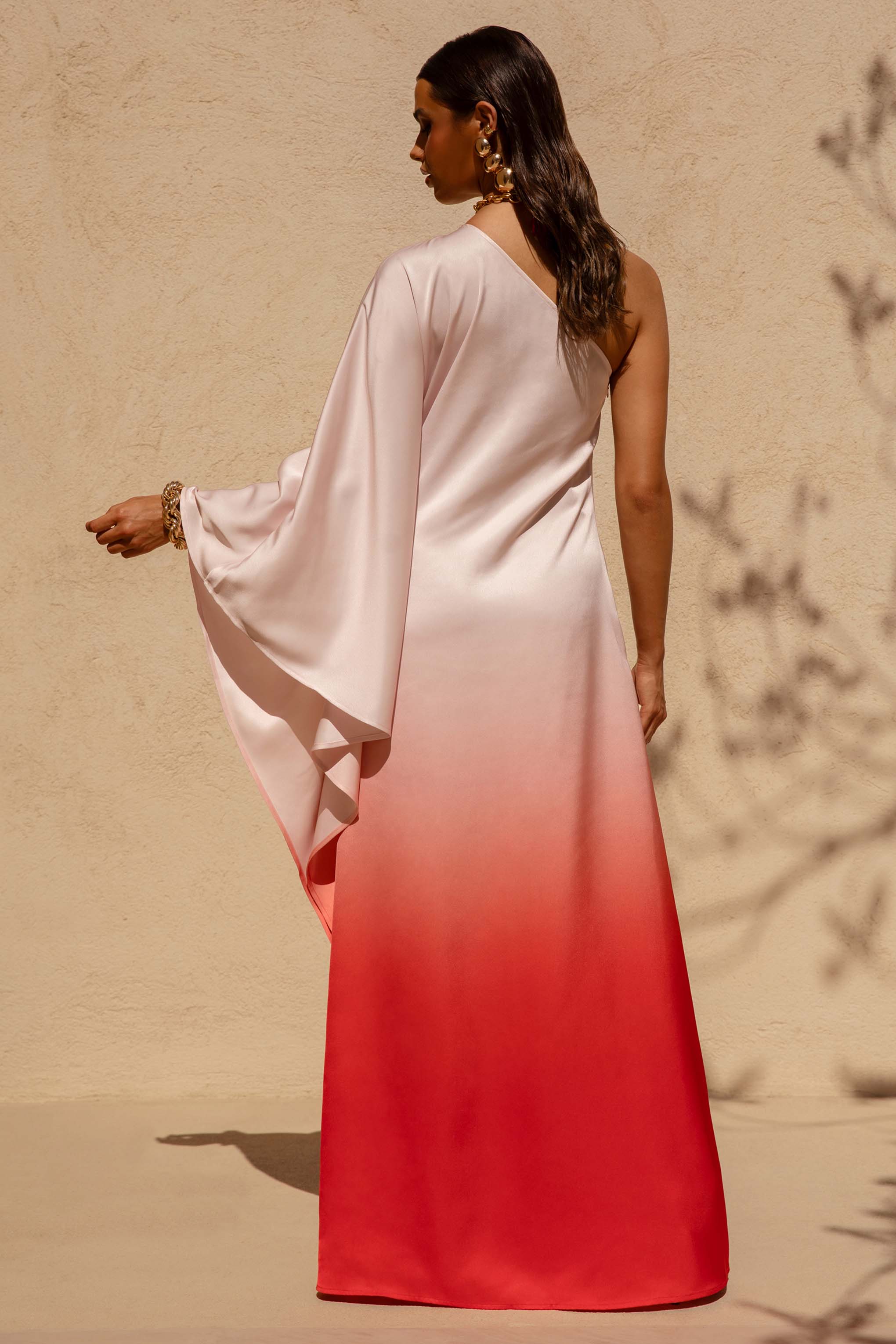 Jayla | Red Ombre Satin Asymmetric Maxi Dress With Long-Sleeve - Image 2