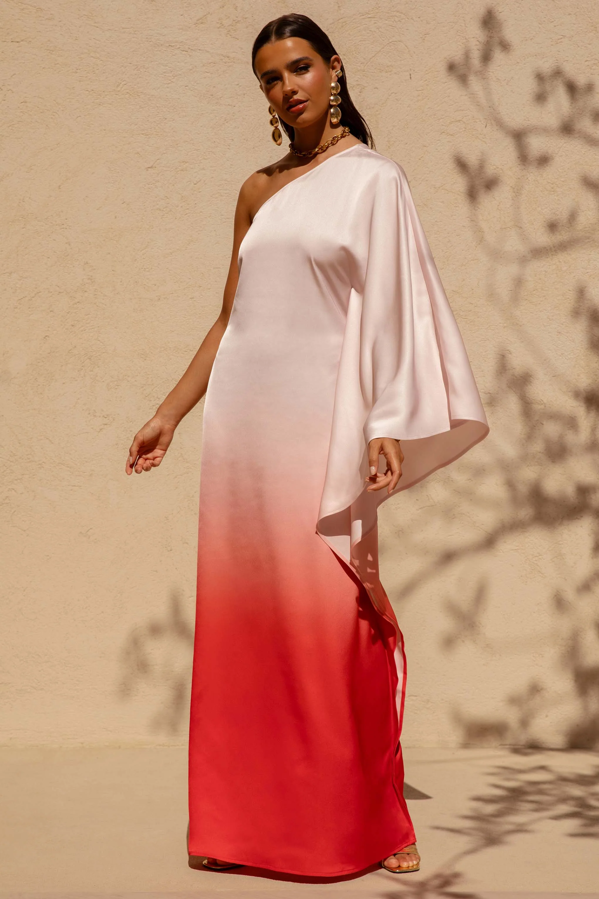 Jayla | Red Ombre Satin Asymmetric Maxi Dress With Long-Sleeve - Image 5