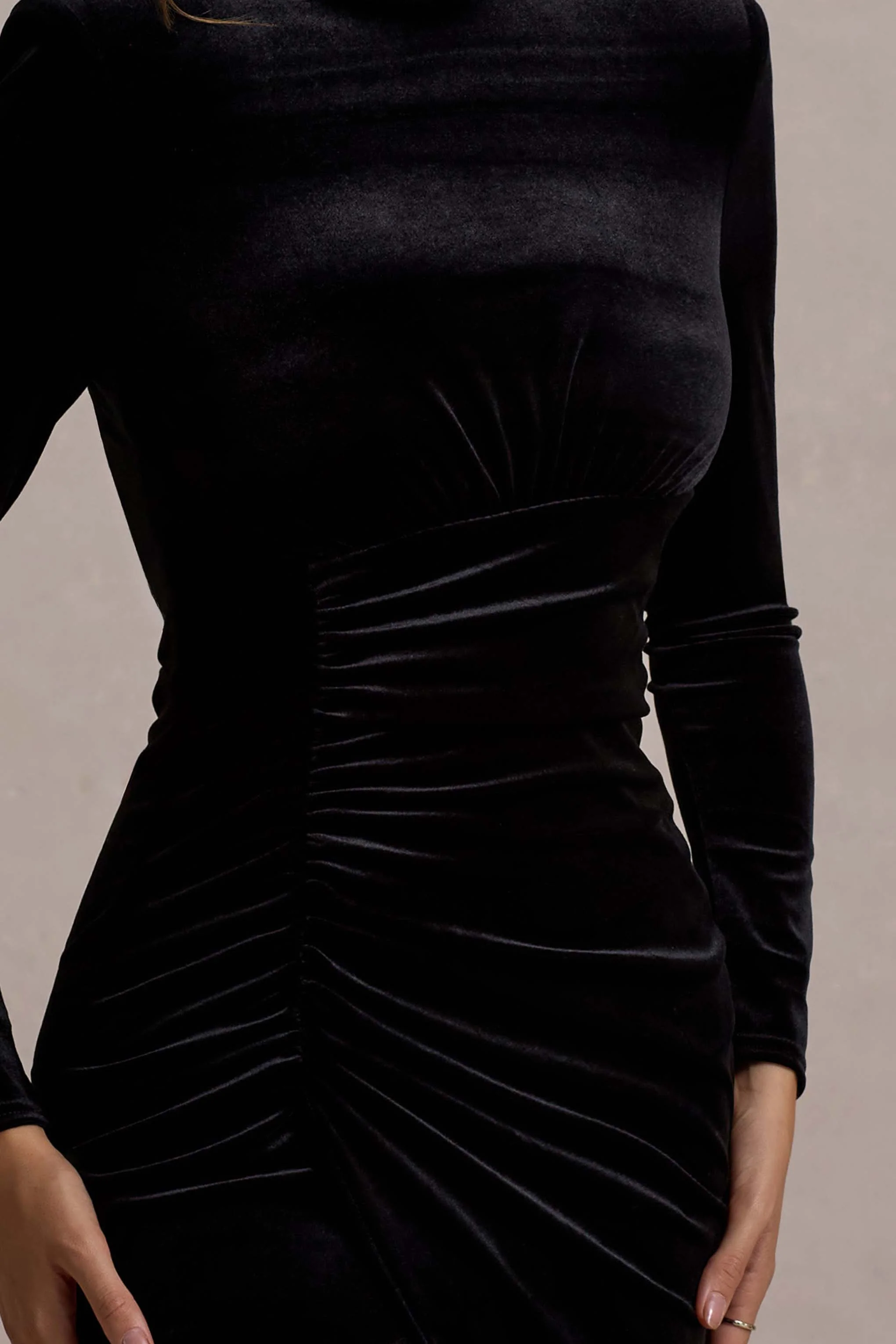 Jaz | Black Velvet High-Neck Gathered Split Maxi Dress - Image 6