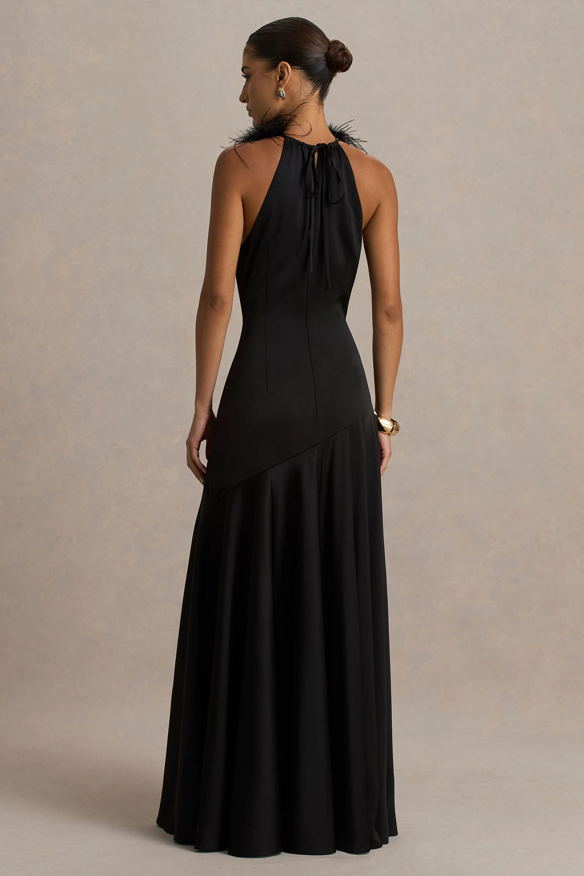 Jemima | Black Satin Halter-Neck Maxi Dress With Feather Trim - Image 2