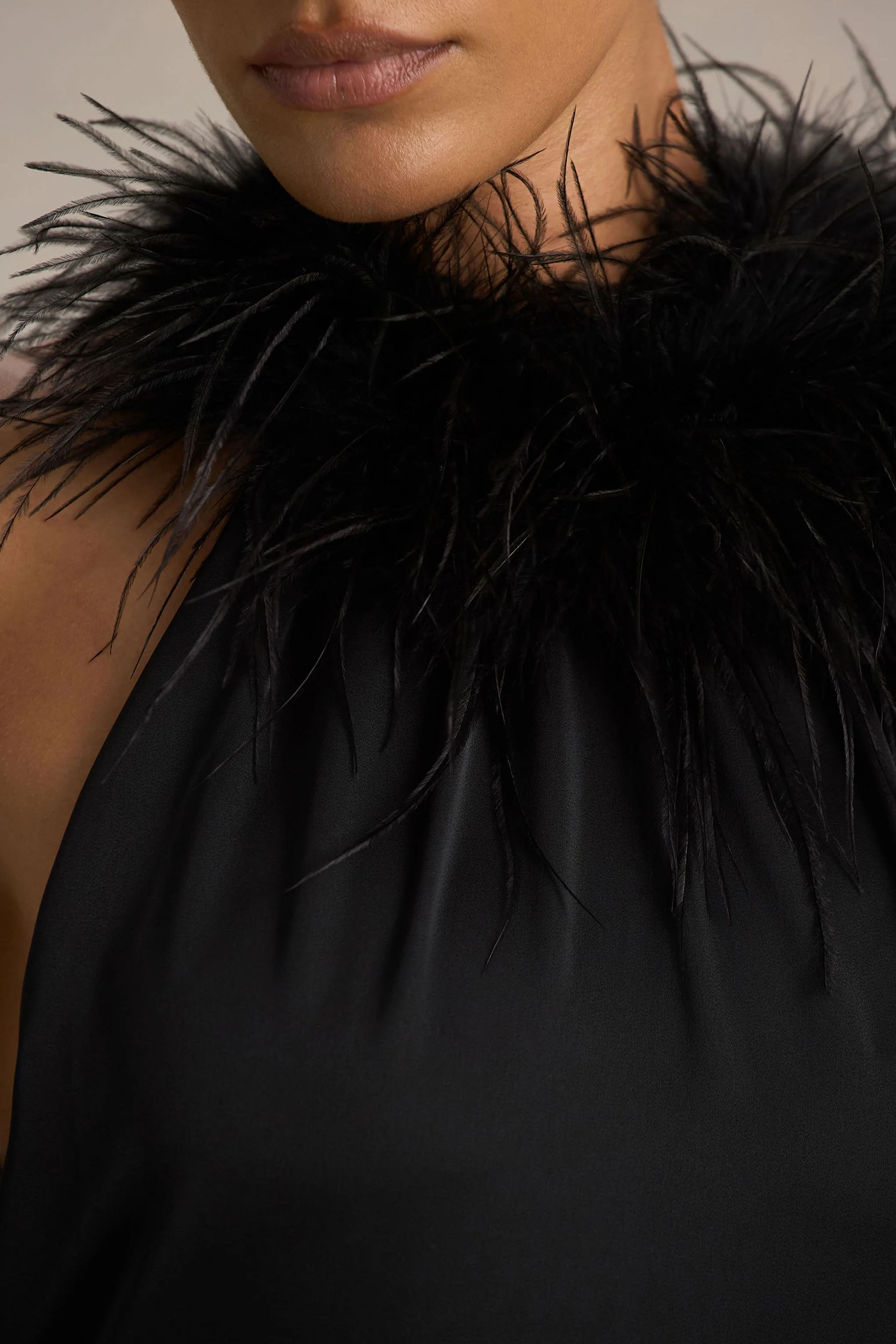 Jemima | Black Satin Halter-Neck Maxi Dress With Feather Trim - Image 3