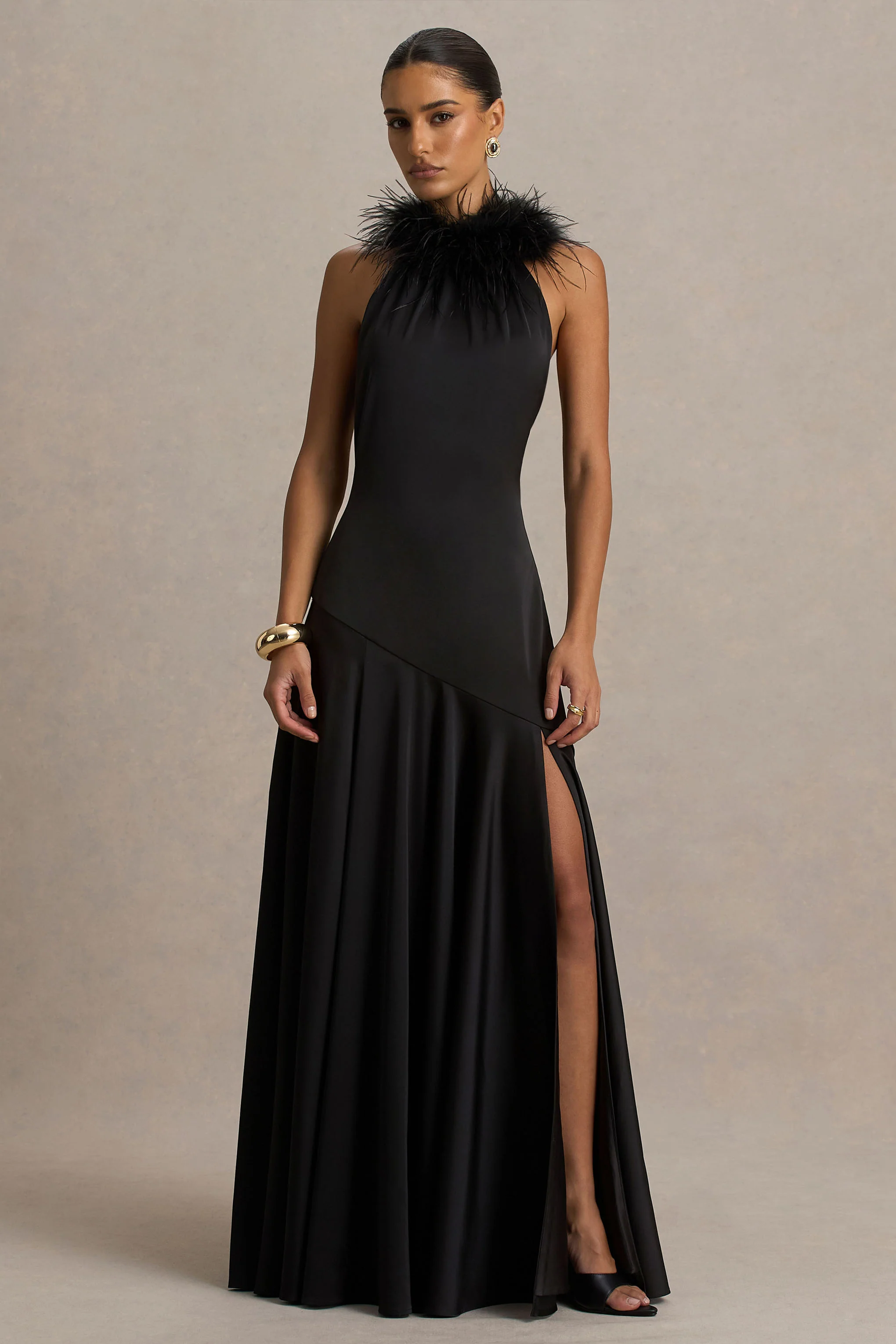 Jemima | Black Satin Halter-Neck Maxi Dress With Feather Trim - Image 4