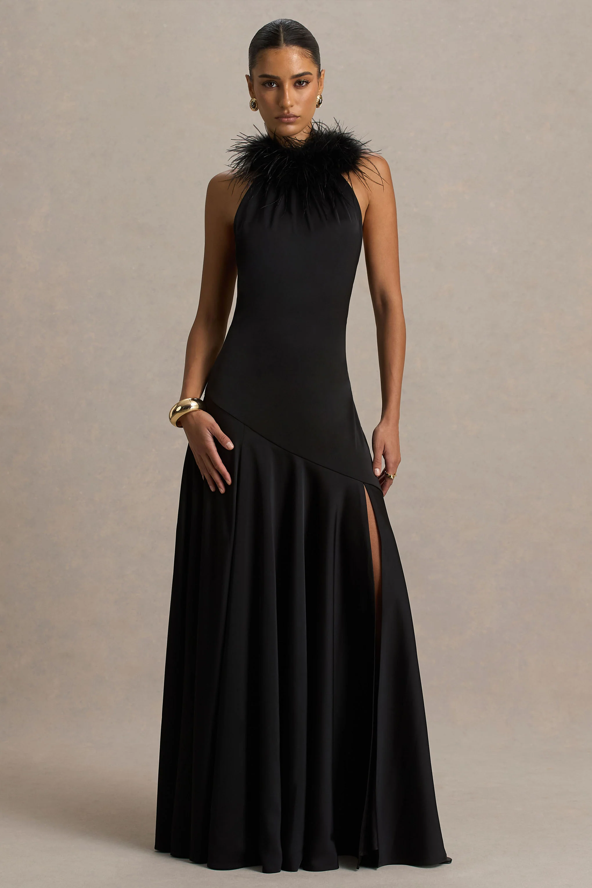 Jemima | Black Satin Halter-Neck Maxi Dress With Feather Trim - Image 5