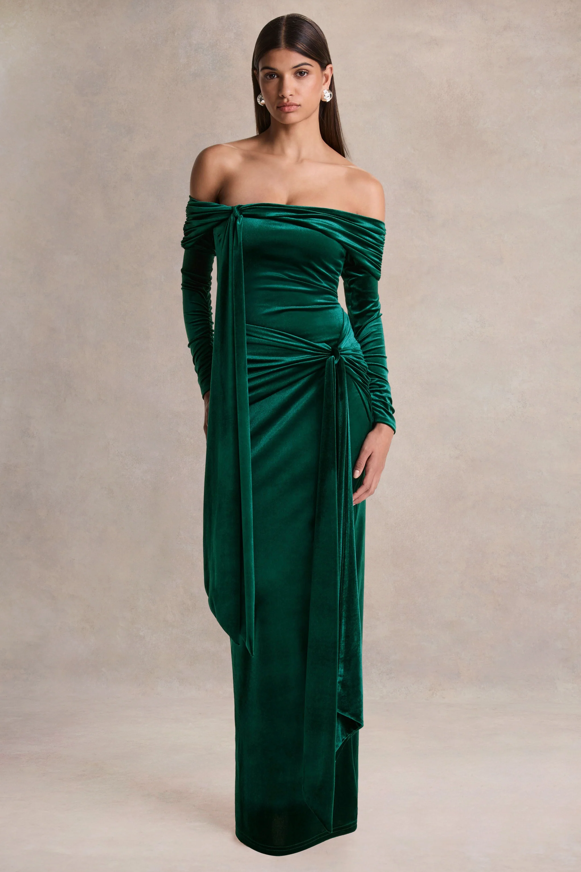 Jessara | Bottle Green Bardot-Neck Maxi Dress With Knot-Details