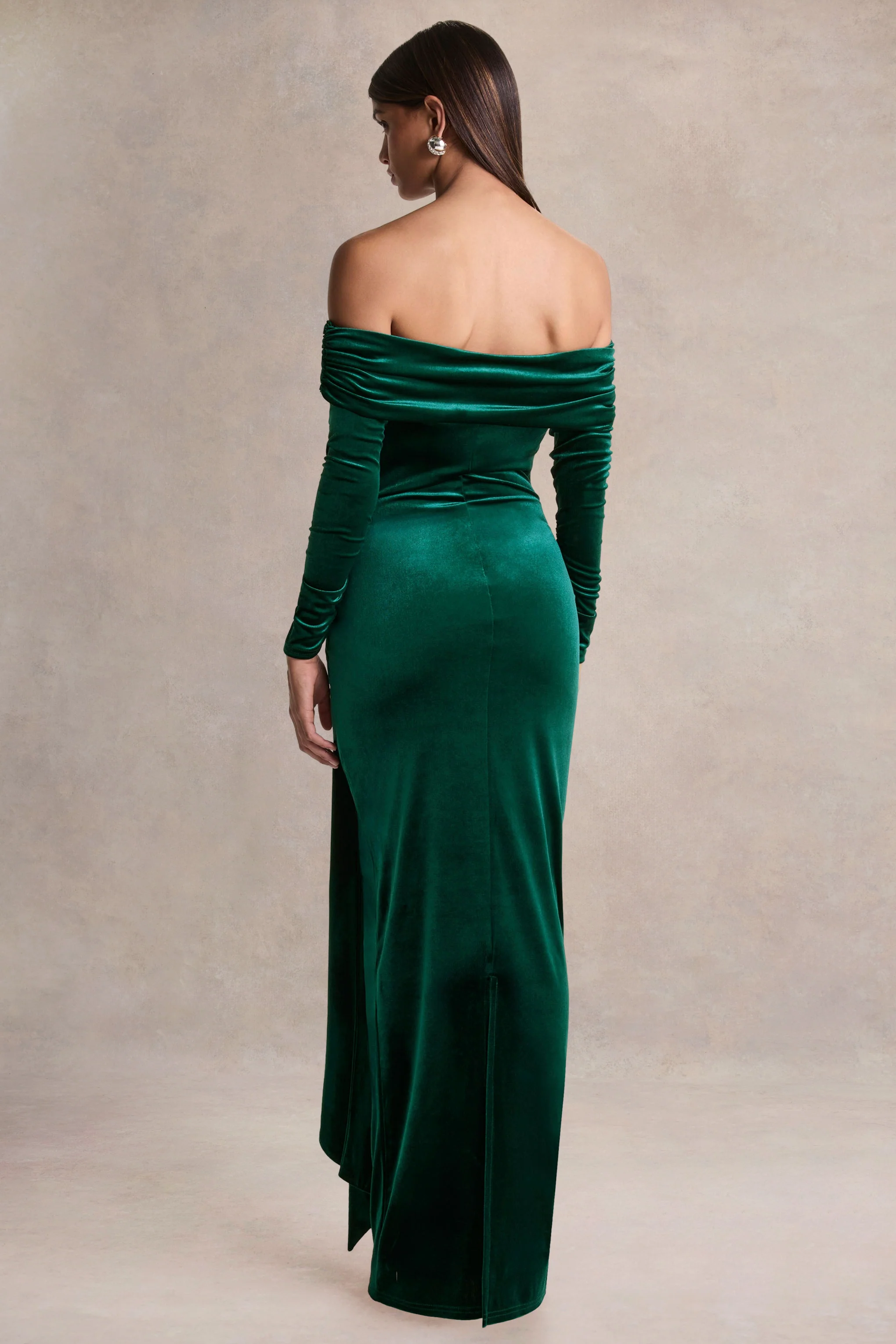 Jessara | Bottle Green Bardot-Neck Maxi Dress With Knot-Details - Image 2