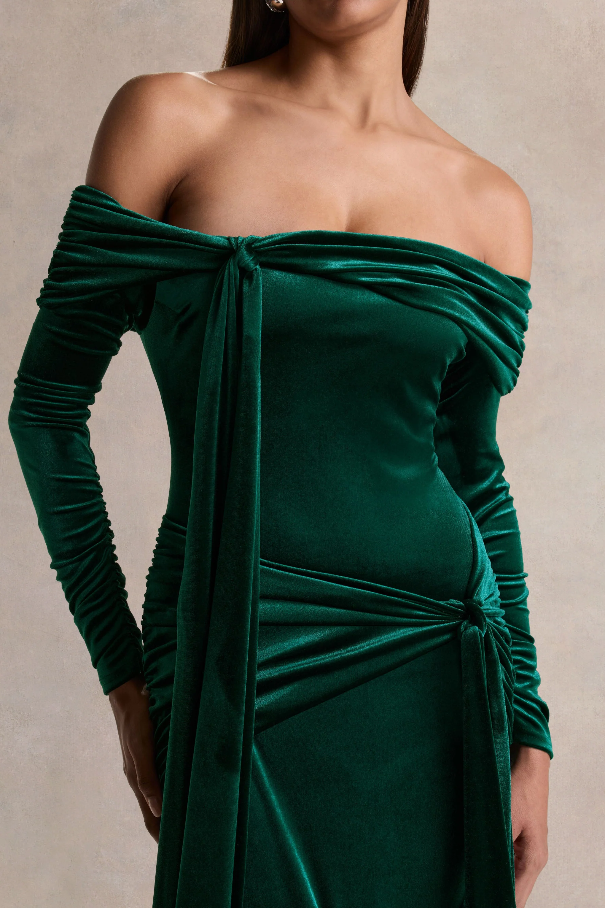 Jessara | Bottle Green Bardot-Neck Maxi Dress With Knot-Details - Image 3