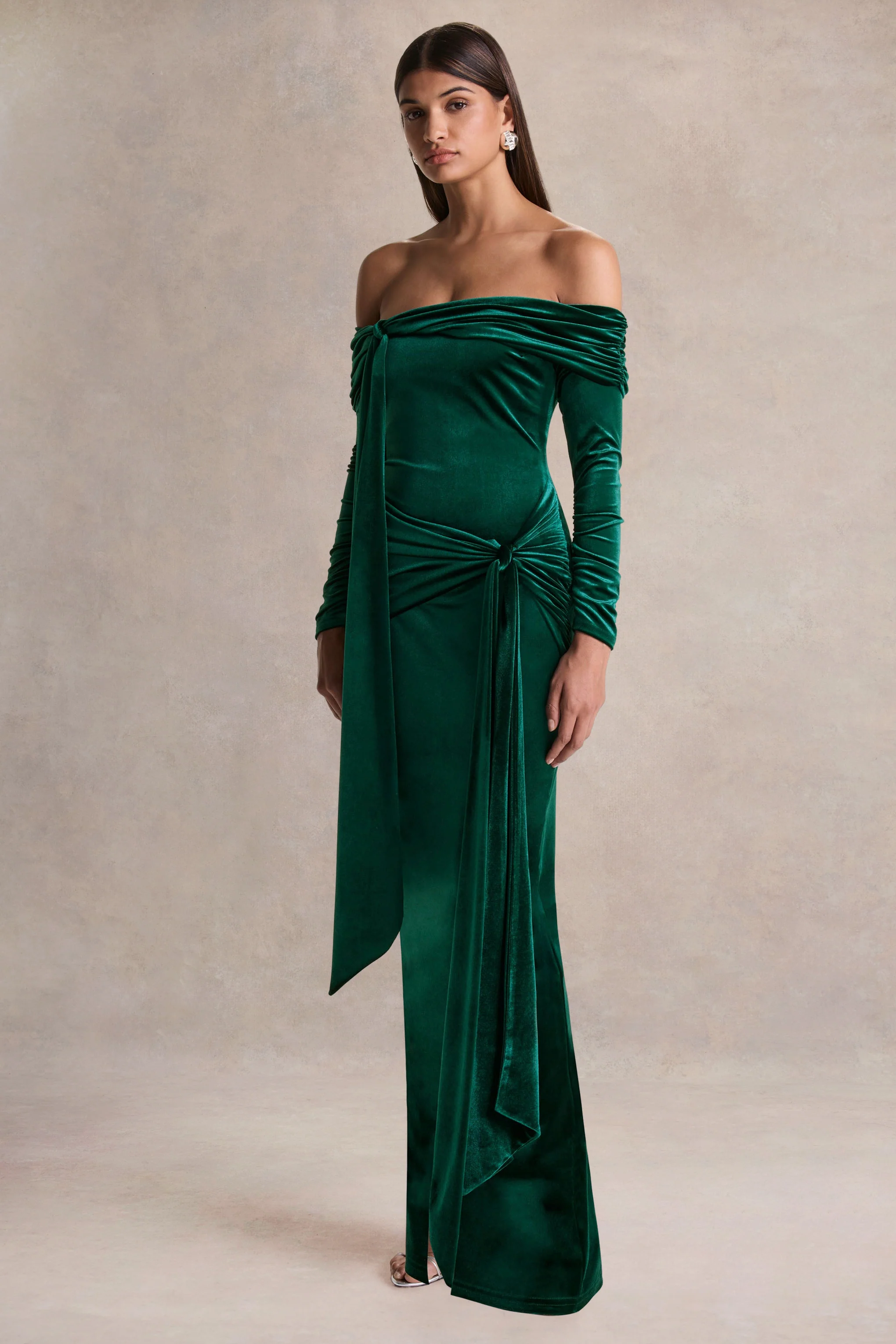 Jessara | Bottle Green Bardot-Neck Maxi Dress With Knot-Details - Image 4