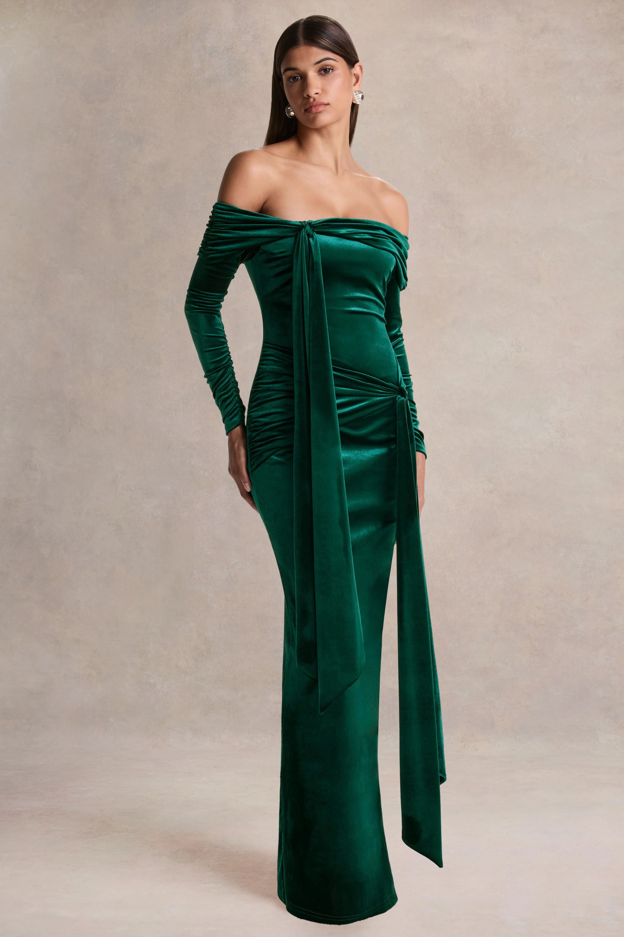 Jessara | Bottle Green Bardot-Neck Maxi Dress With Knot-Details - Image 5