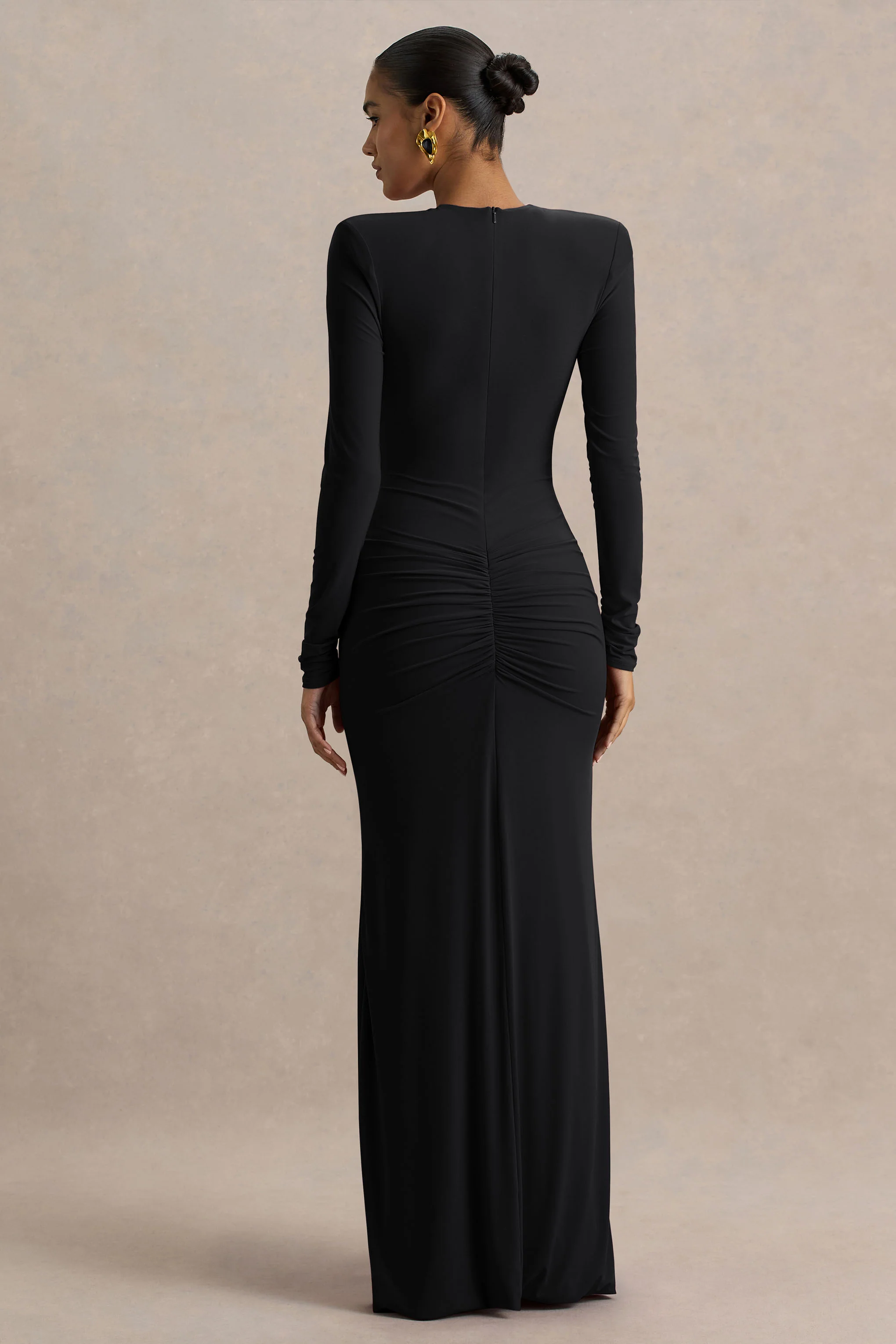 Jewel | Black Plunge-Neck Maxi Dress With Front Split and Ruched Detailing - Image 2
