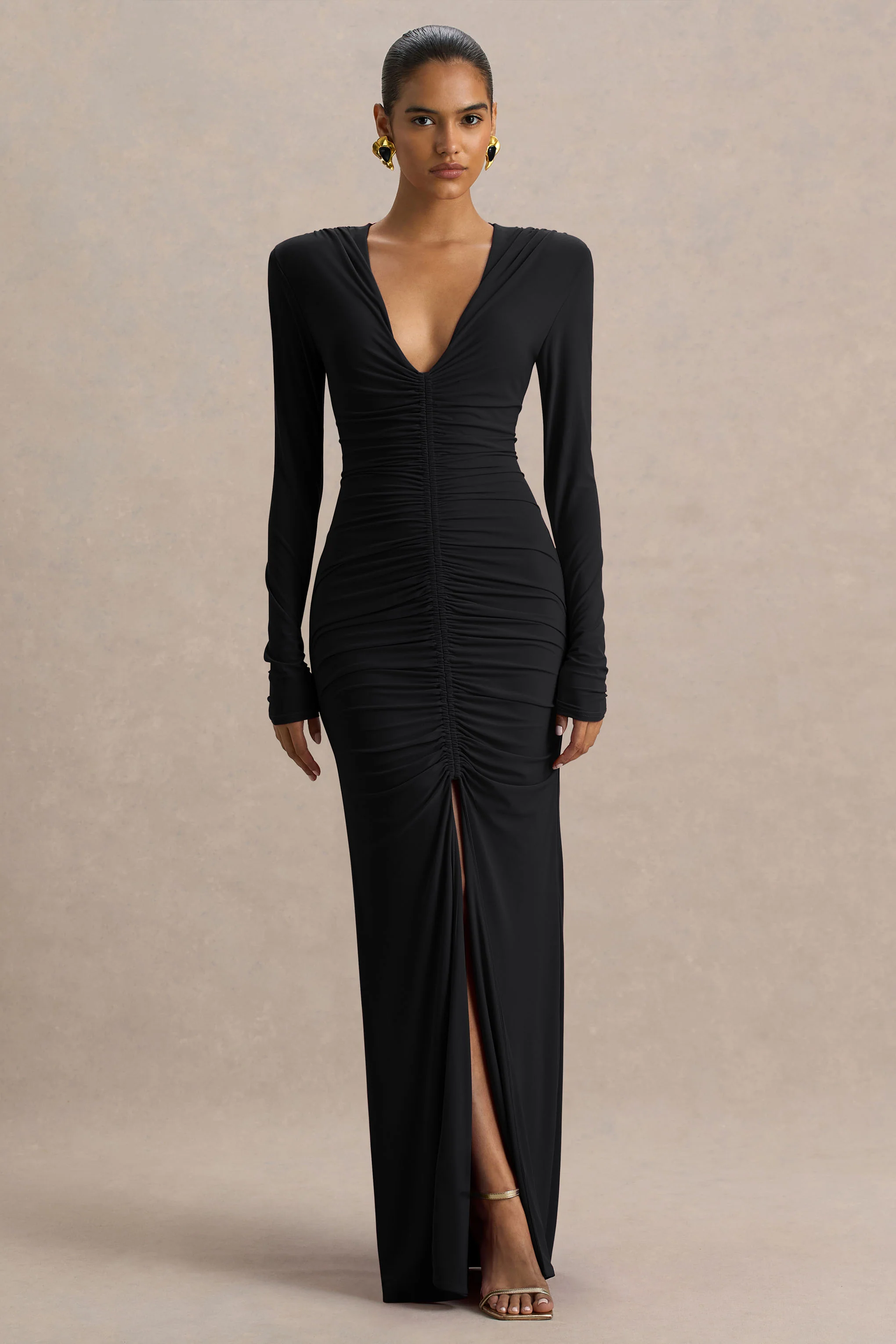 Jewel | Black Plunge-Neck Maxi Dress With Front Split and Ruched Detailing - Image 4