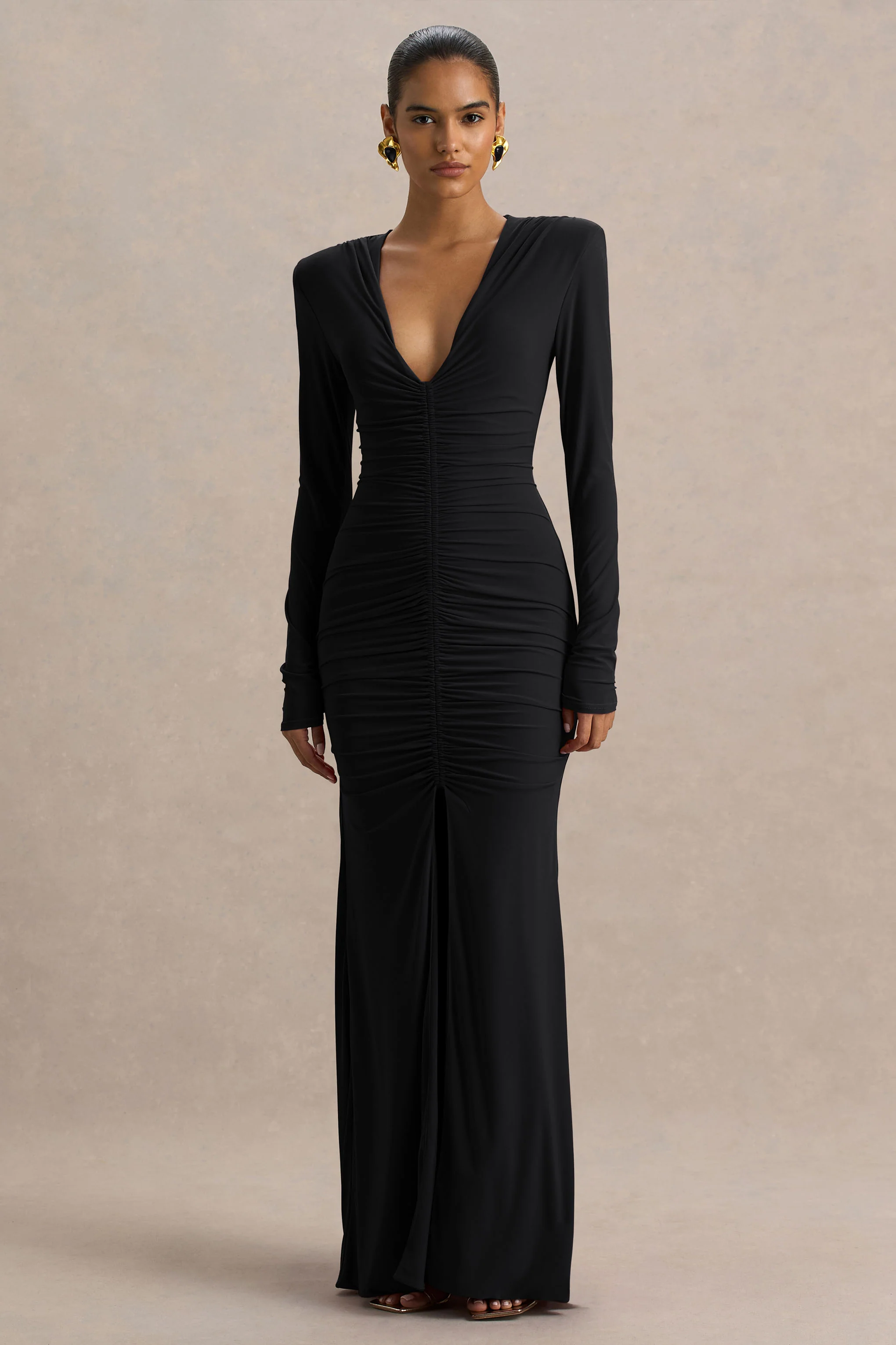 Jewel | Black Plunge-Neck Maxi Dress With Front Split and Ruched Detailing - Image 5