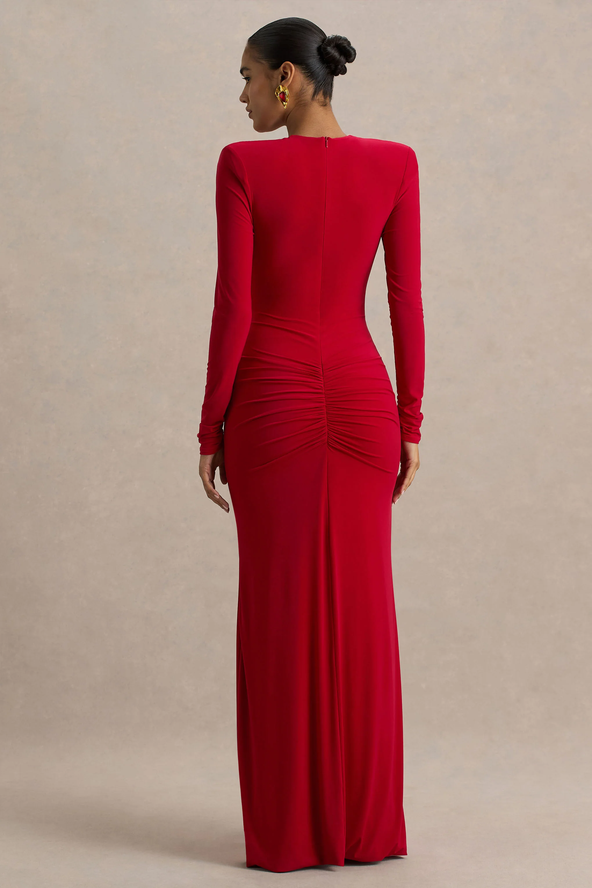 Jewel | Red Plunge-Neck Maxi Dress With Front Split and Ruched Detailing - Image 2