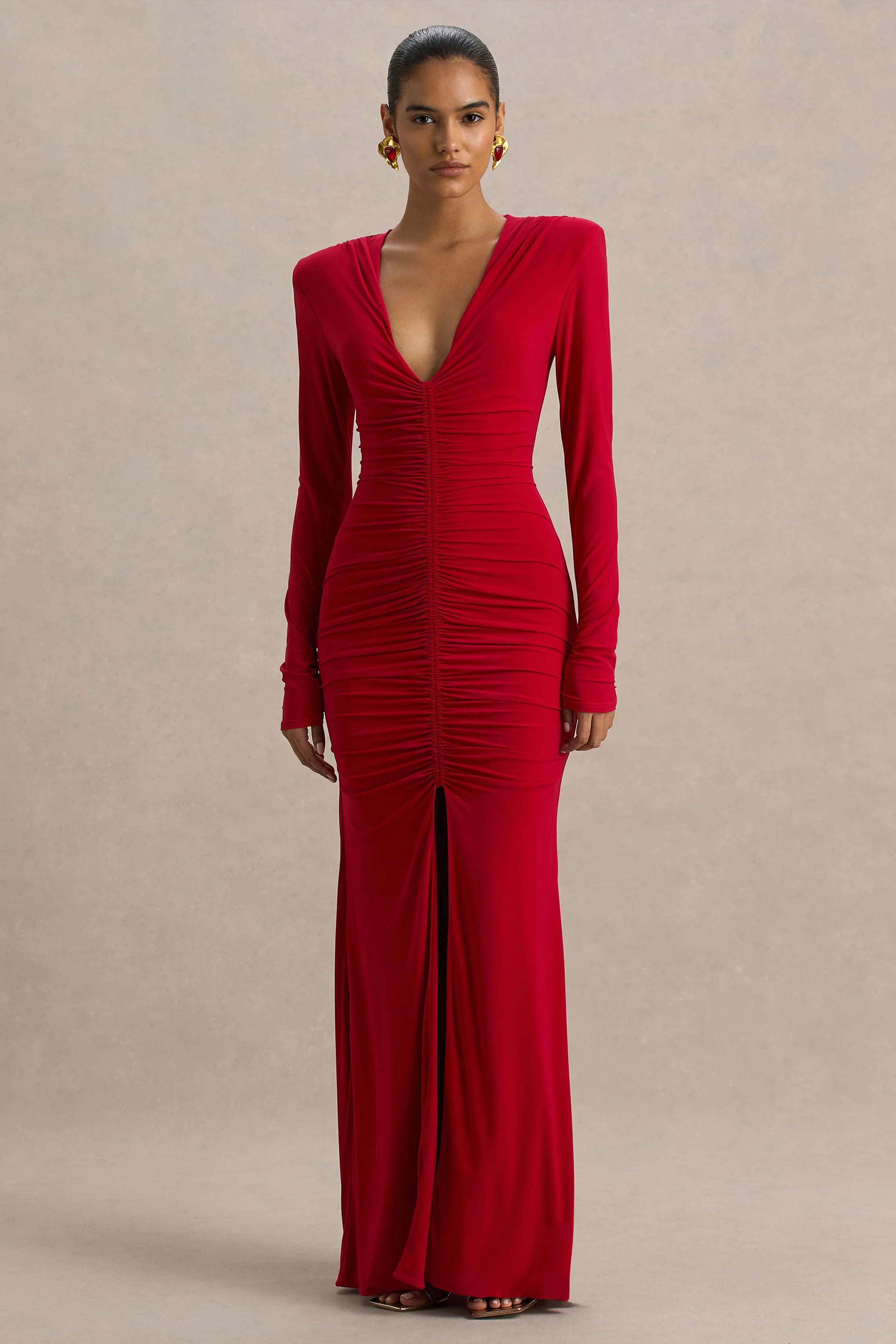 Jewel | Red Plunge-Neck Maxi Dress With Front Split and Ruched Detailing - Image 5