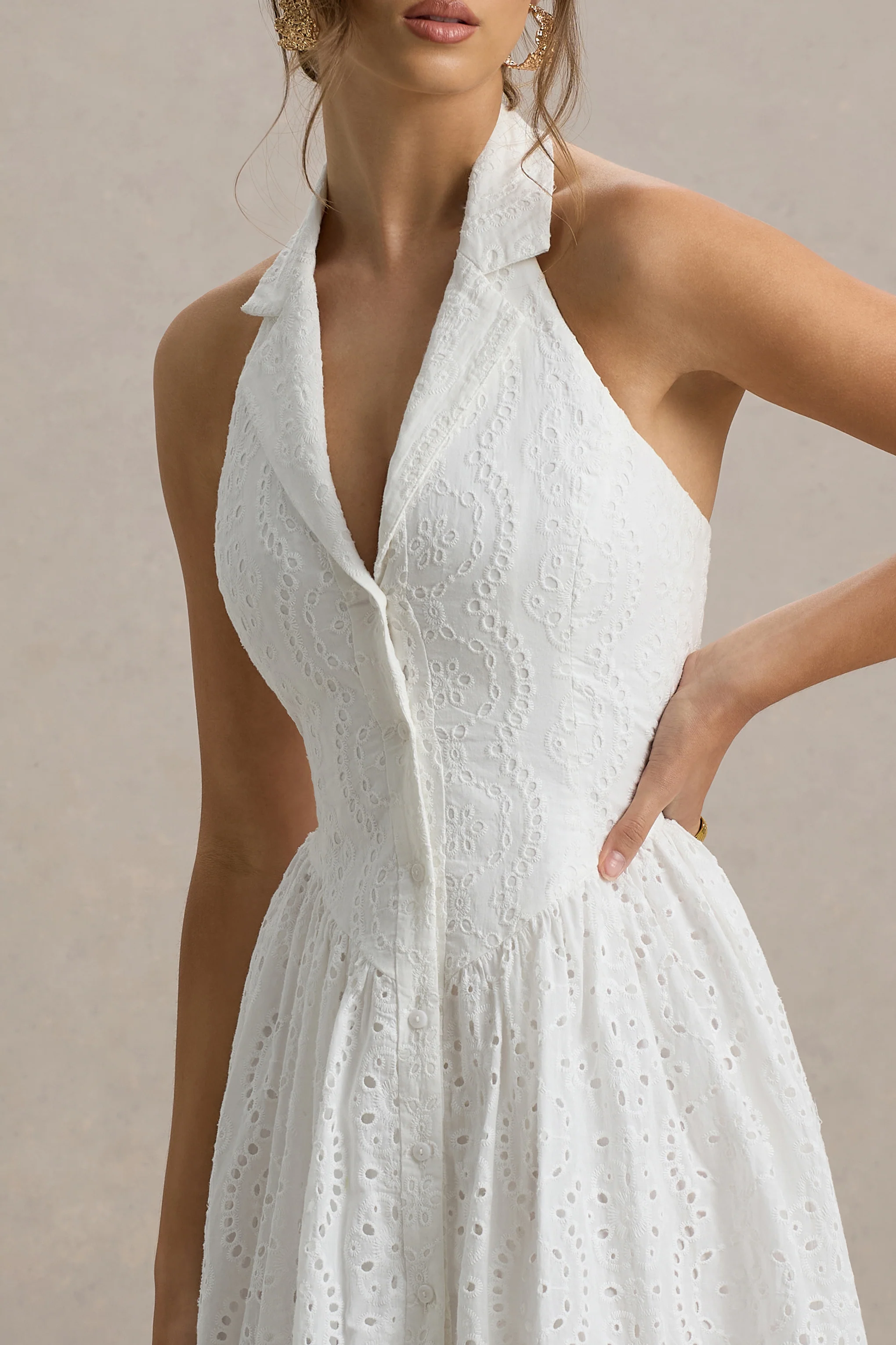 Jezebel | White Lace Plunge-Neck Collared Midi Dress - Image 3