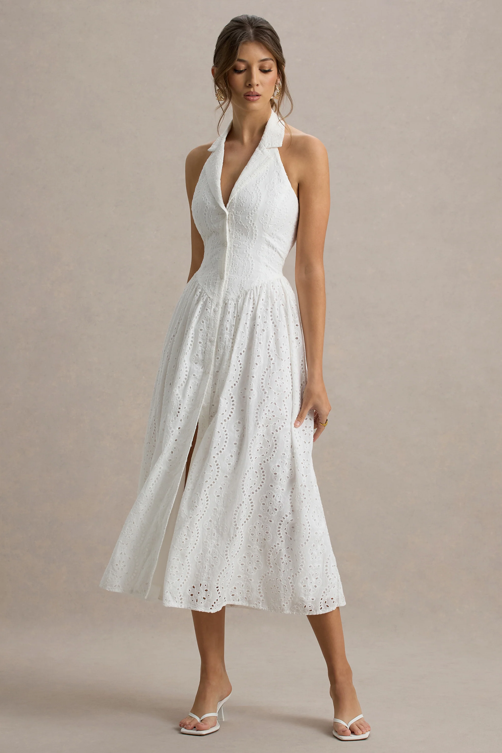 Jezebel | White Lace Plunge-Neck Collared Midi Dress - Image 4